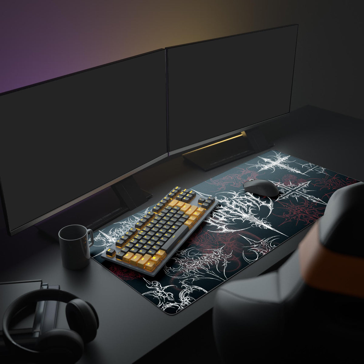 A modern gaming setup featuring the Fractured Lineage XL mouse pad, creating a dark fantasy aesthetic with a large monitor and white peripherals. - Epic Design Pads & Mousepads