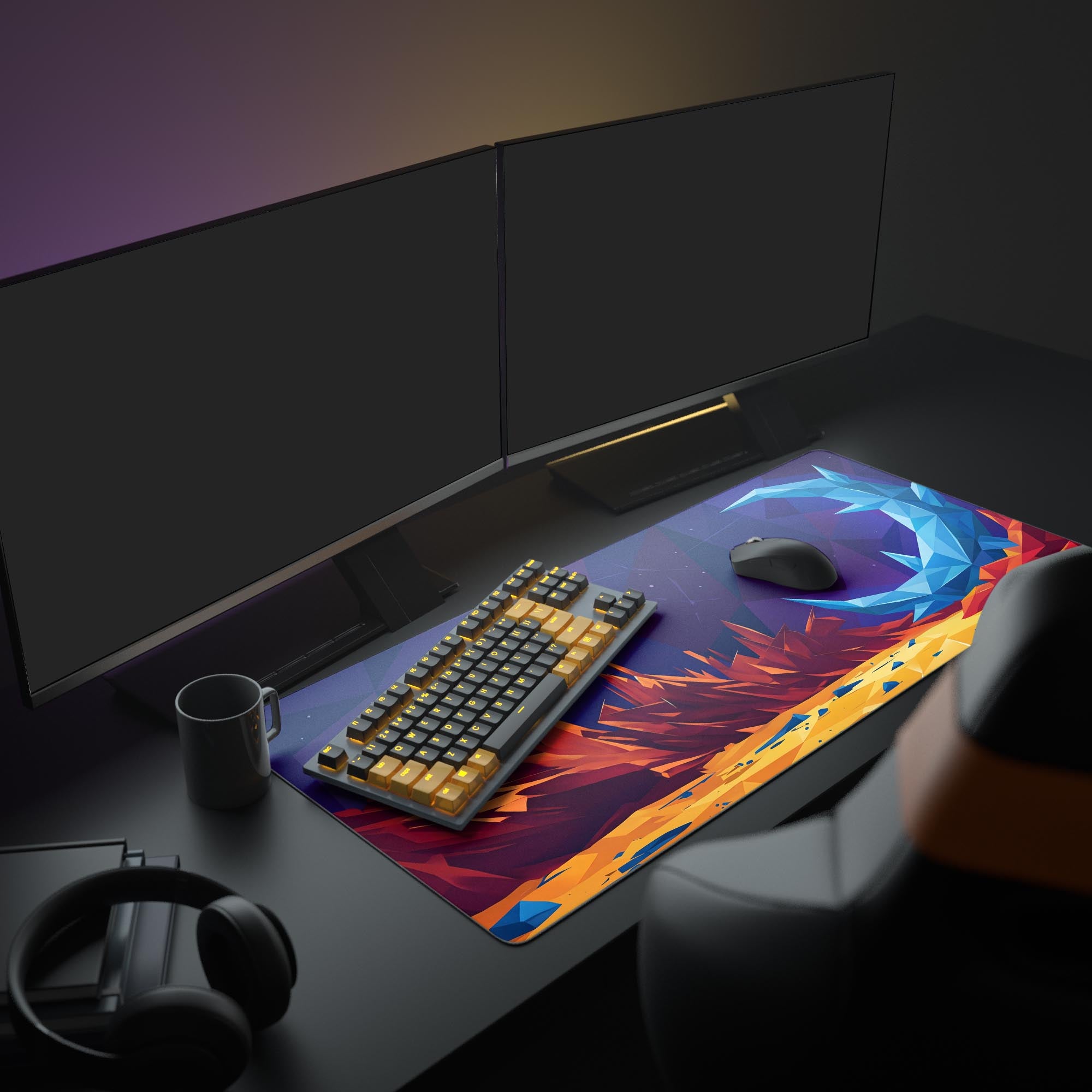 The 'Fractured Luna' gaming desk mat anchors a modern PC setup, its vibrant sci-fi landscape displayed under a monitor with an ergonomic keyboard and mouse. - Epic Design Pads & Mousepads