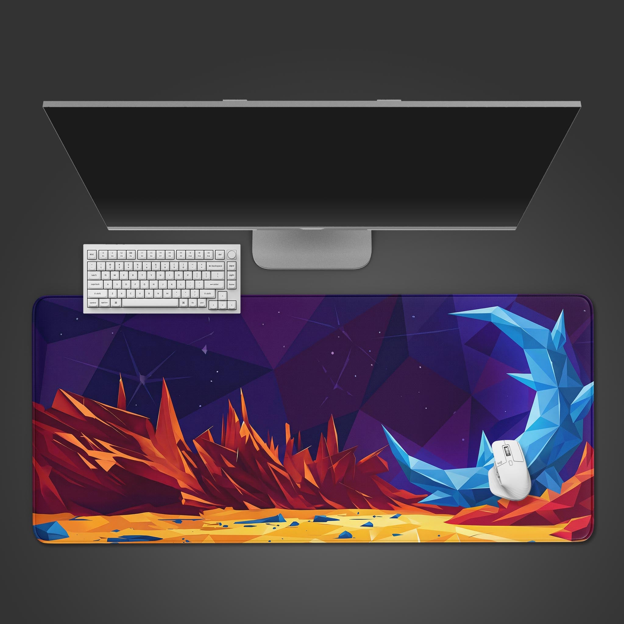Top-down view of the 'Fractured Luna' gaming desk mat, showcasing its low-poly moon design with a white keyboard, mouse, and monitor, creating a modern sci-fi desk setup. - Epic Design Pads & Mousepads