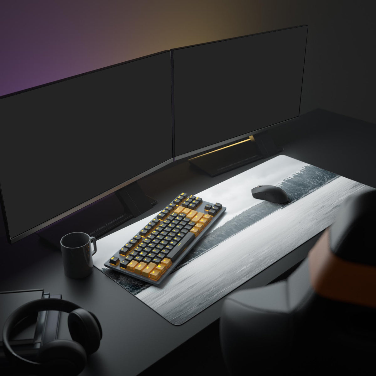 Large Frozen Lake black and white desk mat – shown in a modern office setup with dual monitors and minimalist accessories. - Epic Design Pads