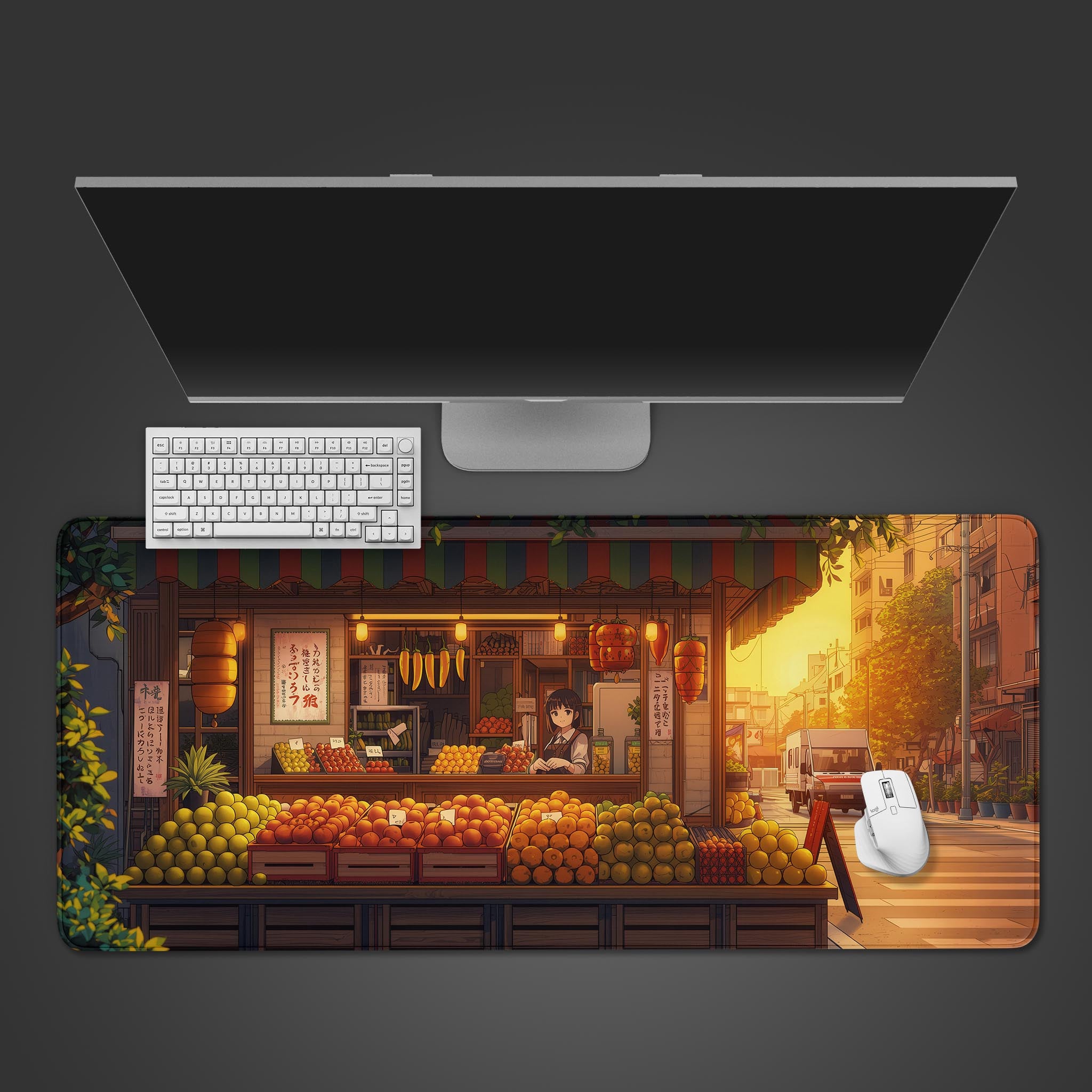 Oni Drift gaming desk mat featuring a drifting white AE86 with Fujiwara Tofu Shop livery pursued by a fiery blue Japanese demon in Ukiyo-e style - Epic Design Pads & Mousepads