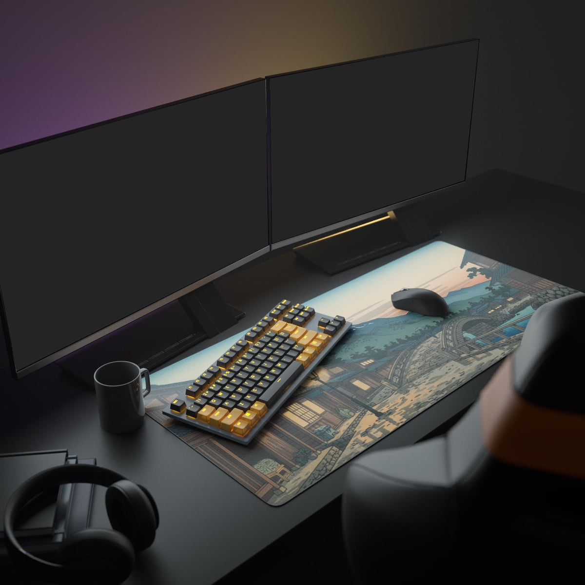 Large Fuji at Dusk desk mat featured in an aesthetic office setup with a monitor, plant, and keyboard, enhancing the workspace decor. - Epic Design Pads