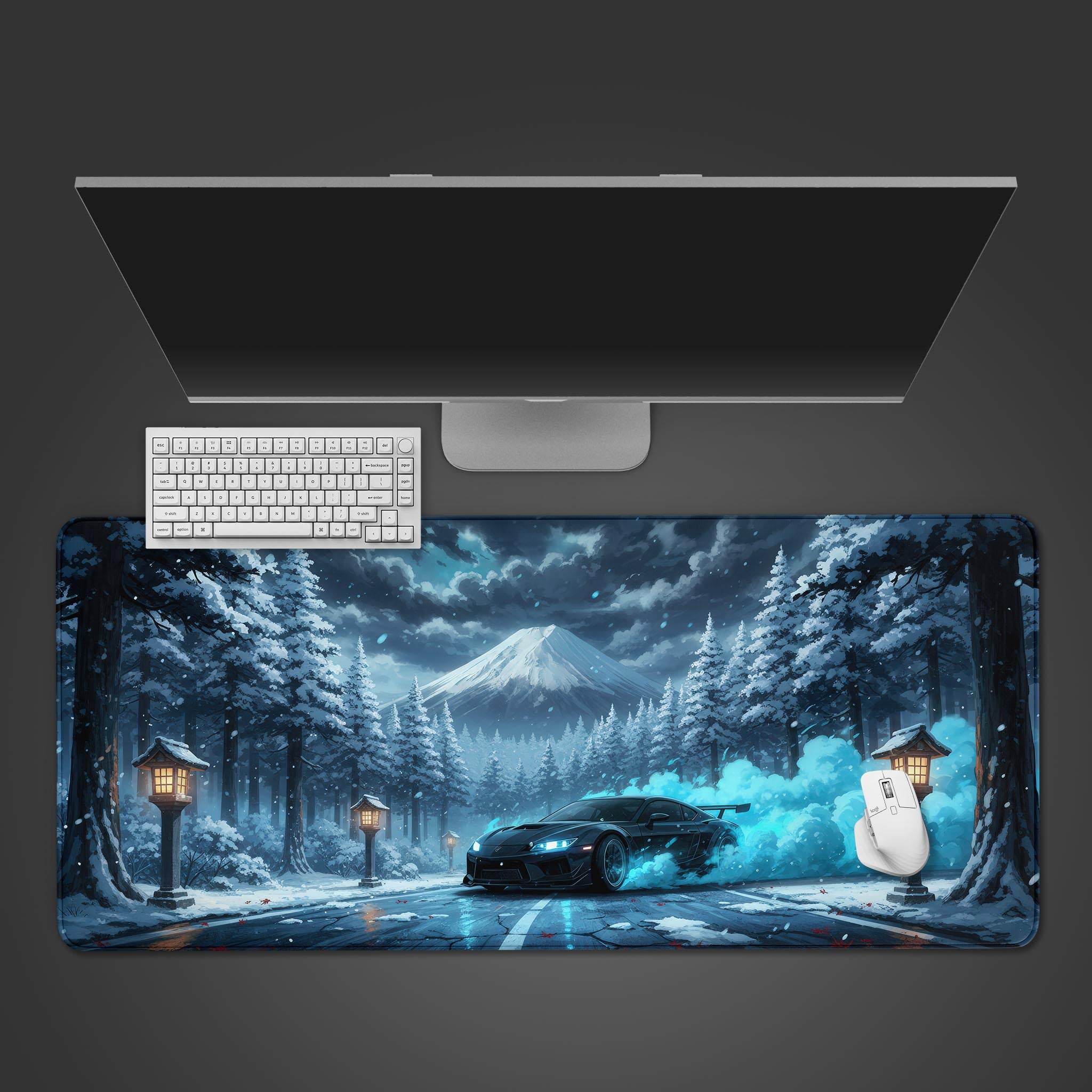 Fuji Burn drifting car desk mat with Japanese winter scene – top-down view on a desk with a gaming keyboard and mouse. - Epic Design Pads
