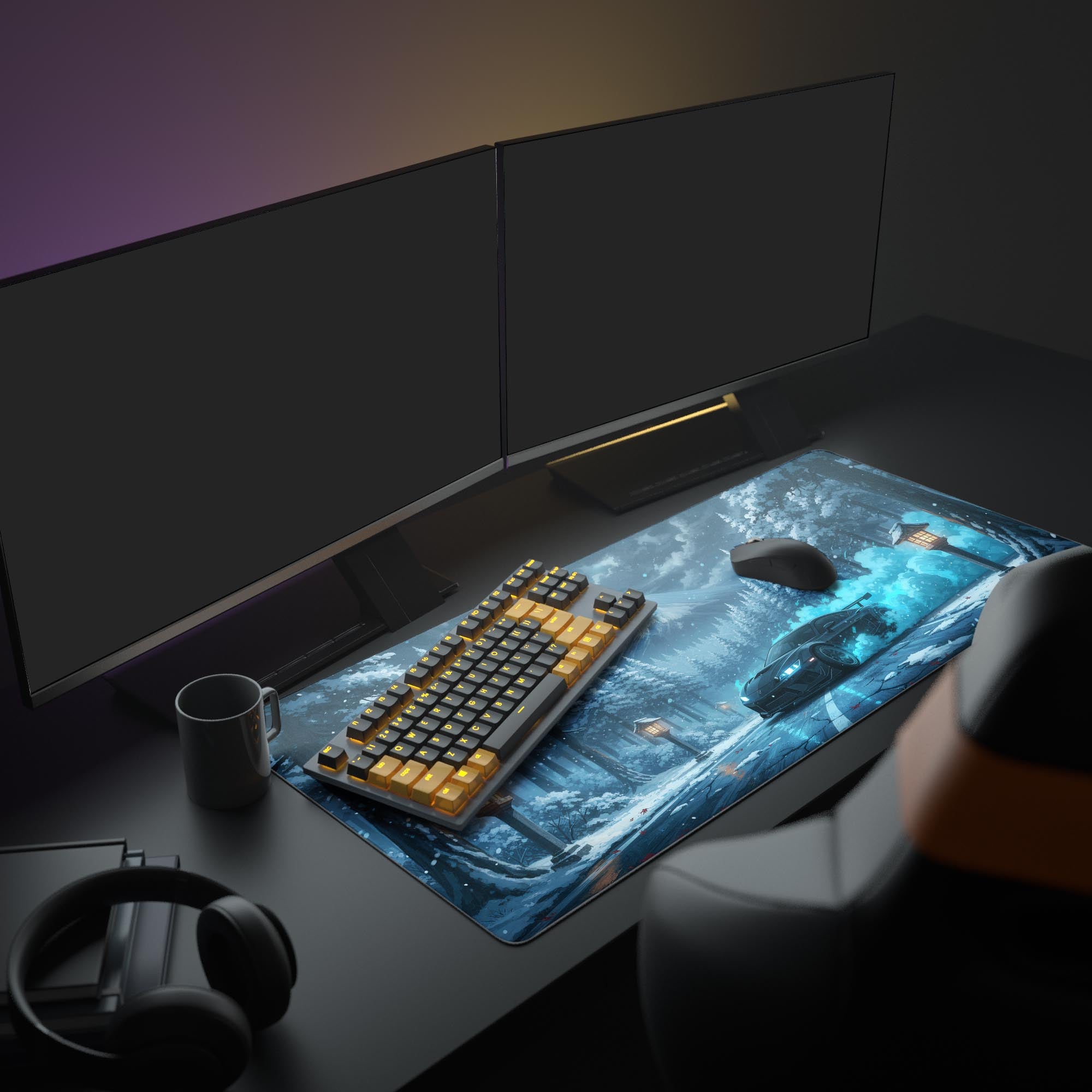 Large Japanese drifting car desk mat shown in a full gaming setup with dual monitors, keyboard, and headphones. - Epic Design Pads