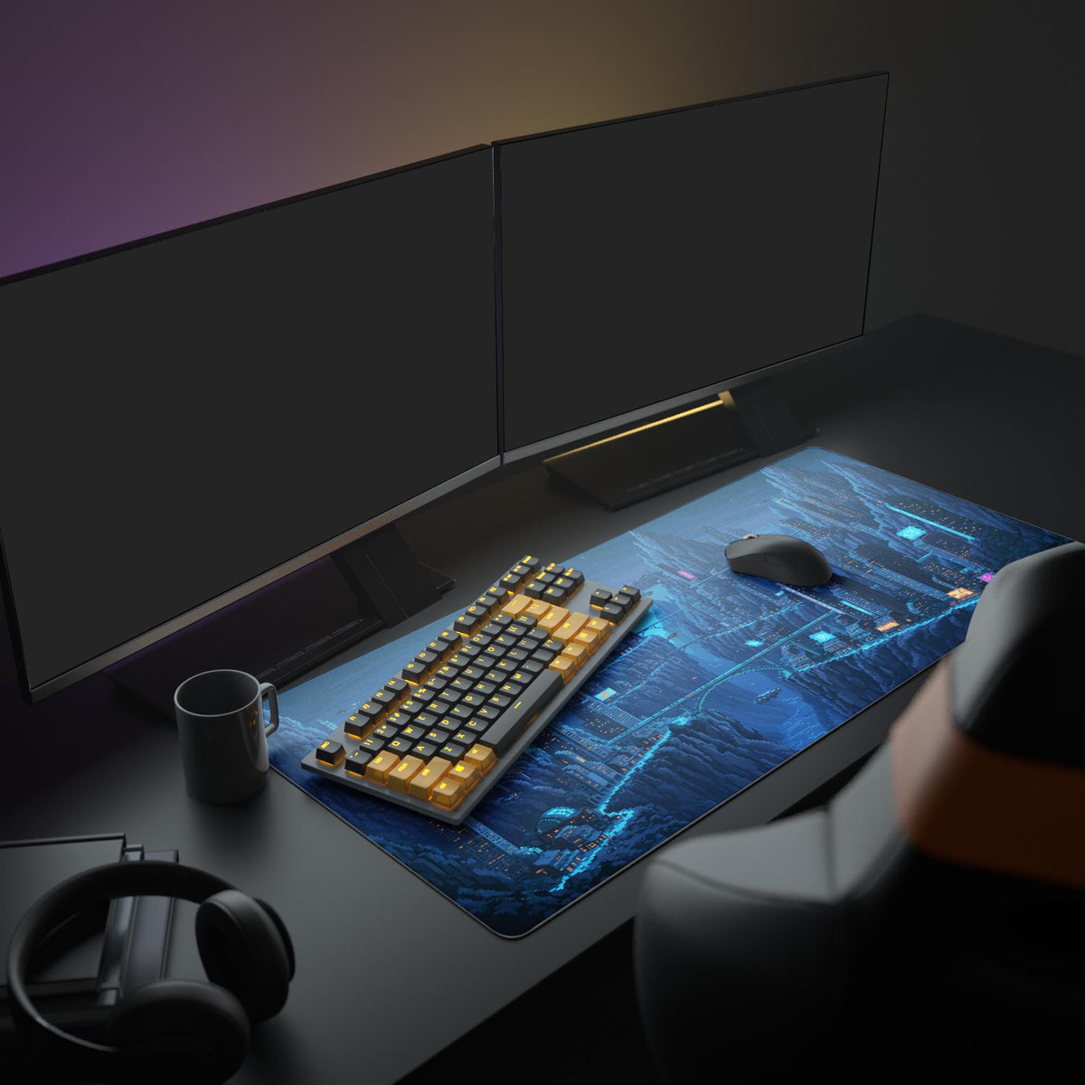 Large Future Abyss cyberpunk gaming mouse pad shown in a dual monitor desk setup with headphones, creating a retro gaming aesthetic. - Epic Design Pads