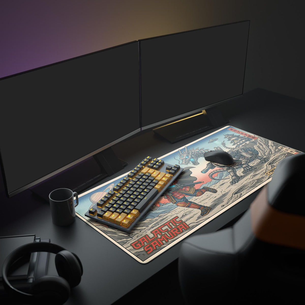 A complete PC setup featuring the Galactic Samurai Mouse Pad, enhancing the desk aesthetic with its Ukiyo-e sci-fi art beneath monitors, a keyboard, and mouse. - Epic Design Pads & Mousepads