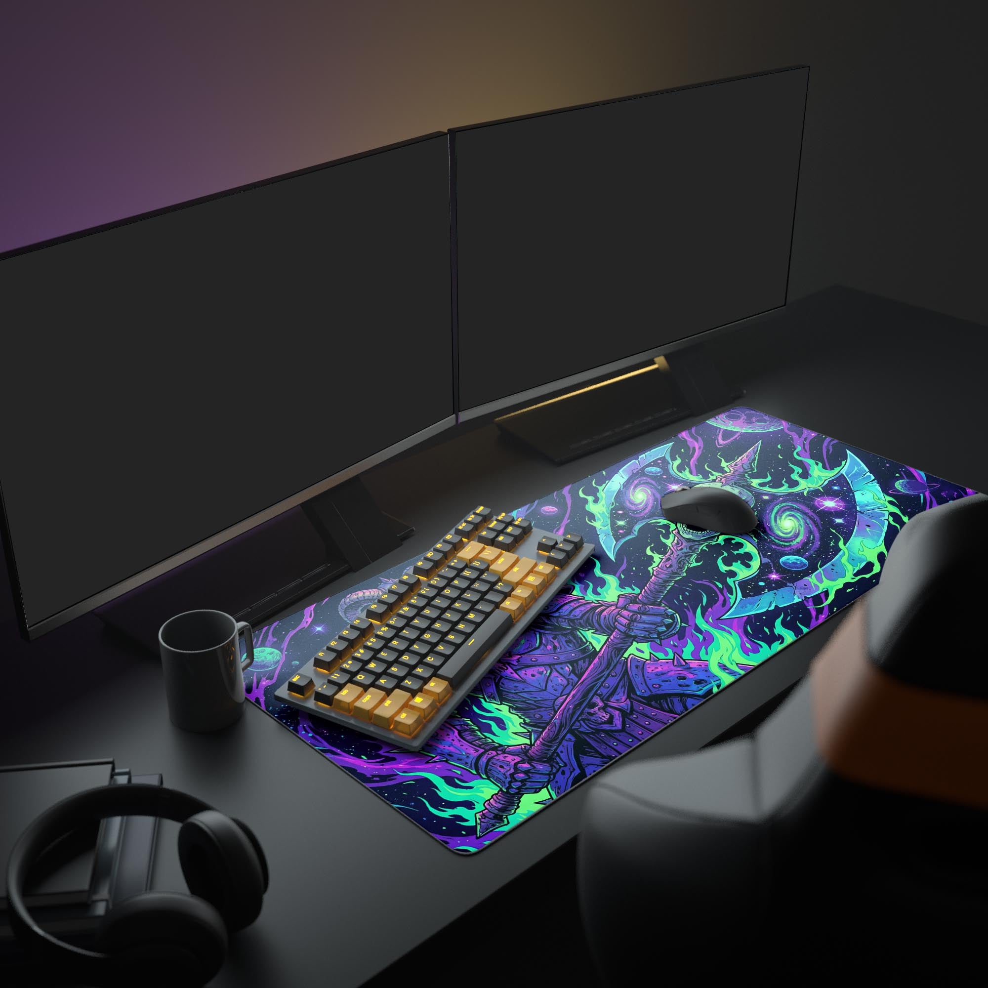 A full gaming setup featuring the purple and green Galactic Warlord gaming desk mat, with an illuminated keyboard and mouse under dual monitors. - Epic Design Pads & Mousepads
