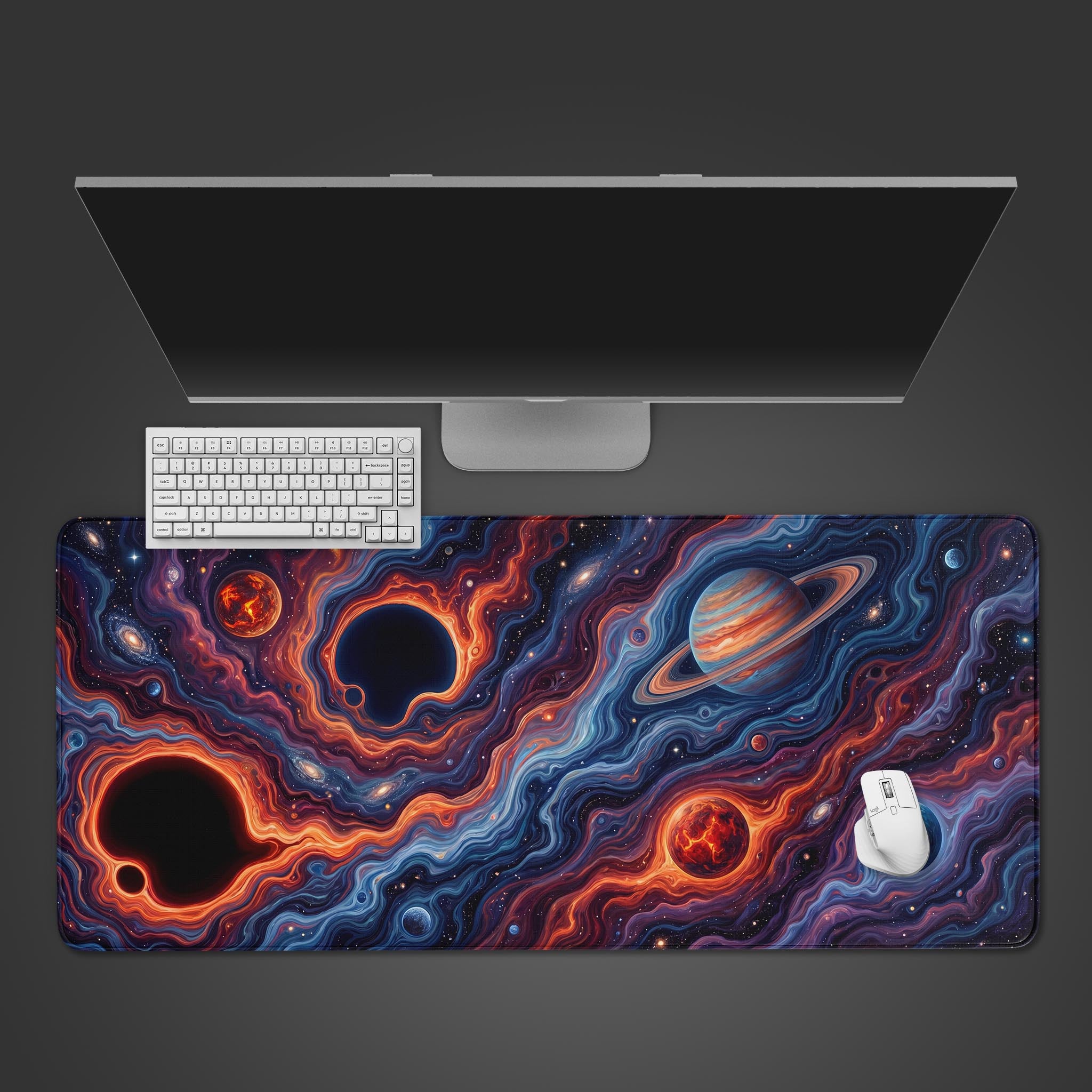 A vibrant desk mat featuring a psychedelic cosmic swirl with black holes, glowing planets, and rich orange, blue, and purple galaxy aesthetics.