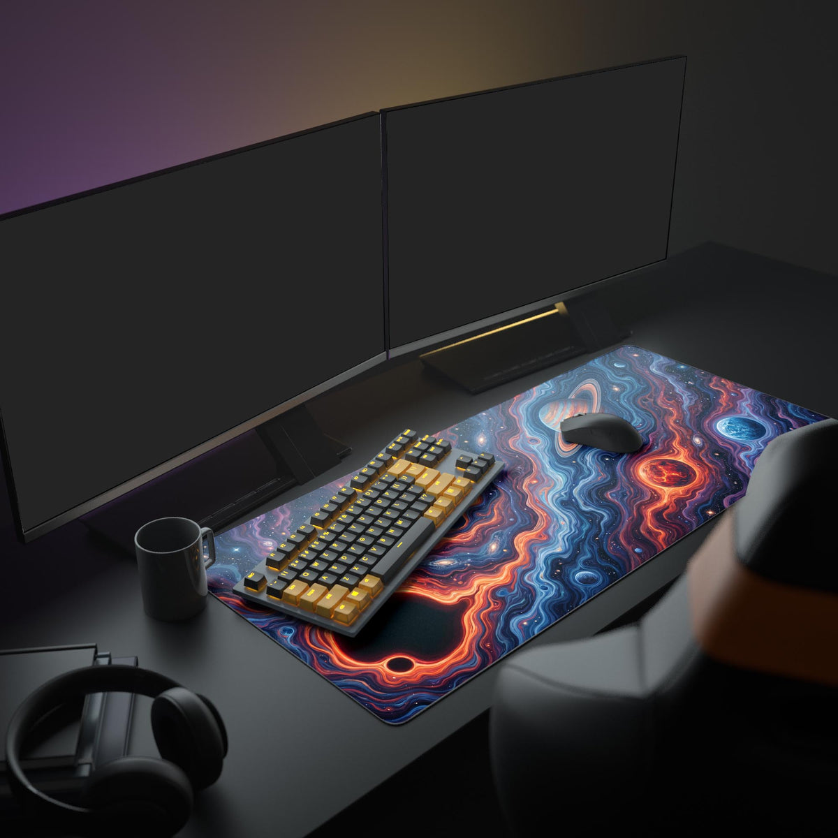 Desk mat on a dark desk with two monitors, black and yellow keyboard, mouse and mug; swirling space art with a ringed planet
