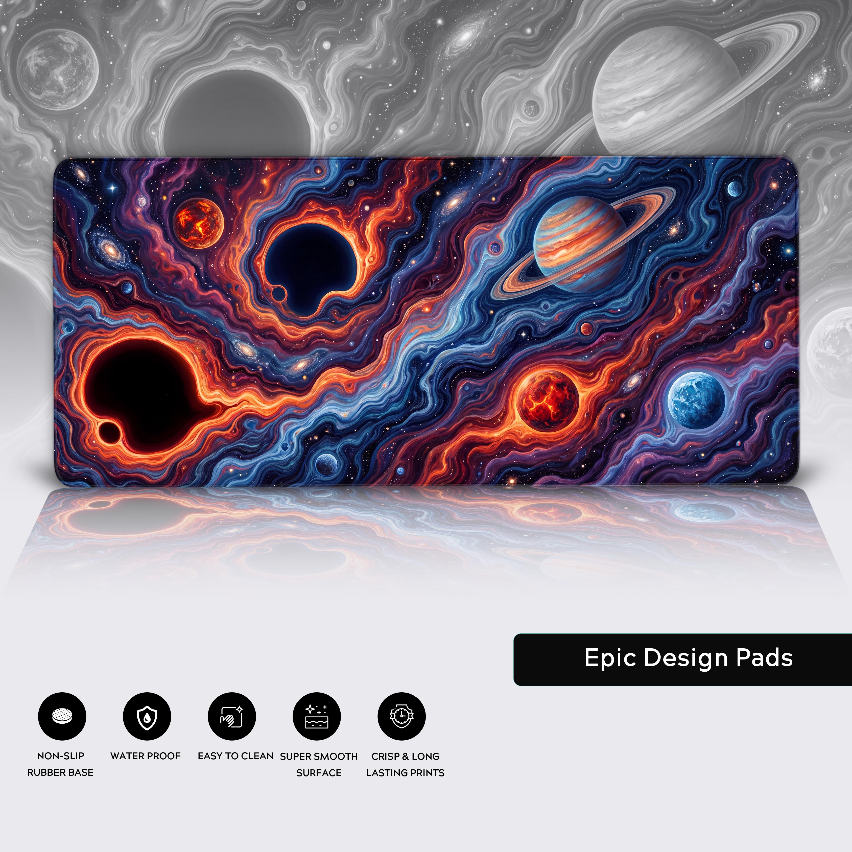 Product features of the galaxy desk mat including icons for non-slip rubber base, waterproof, easy to clean, and super smooth surface.