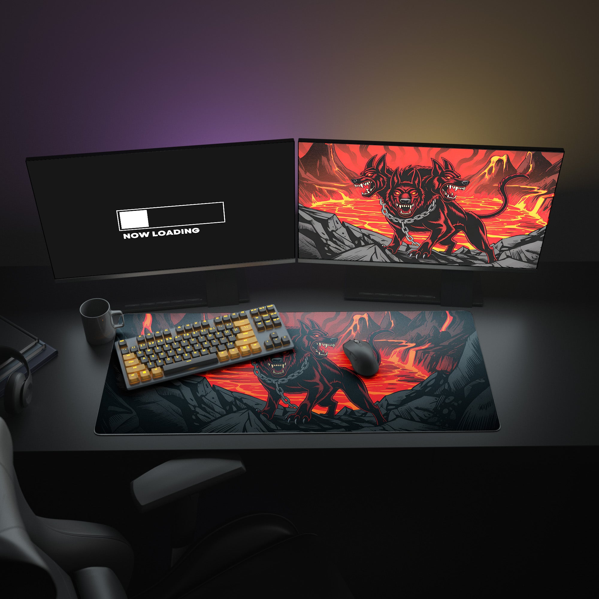 Gaming setup with dual monitors, keyboard, and mouse on a desk.