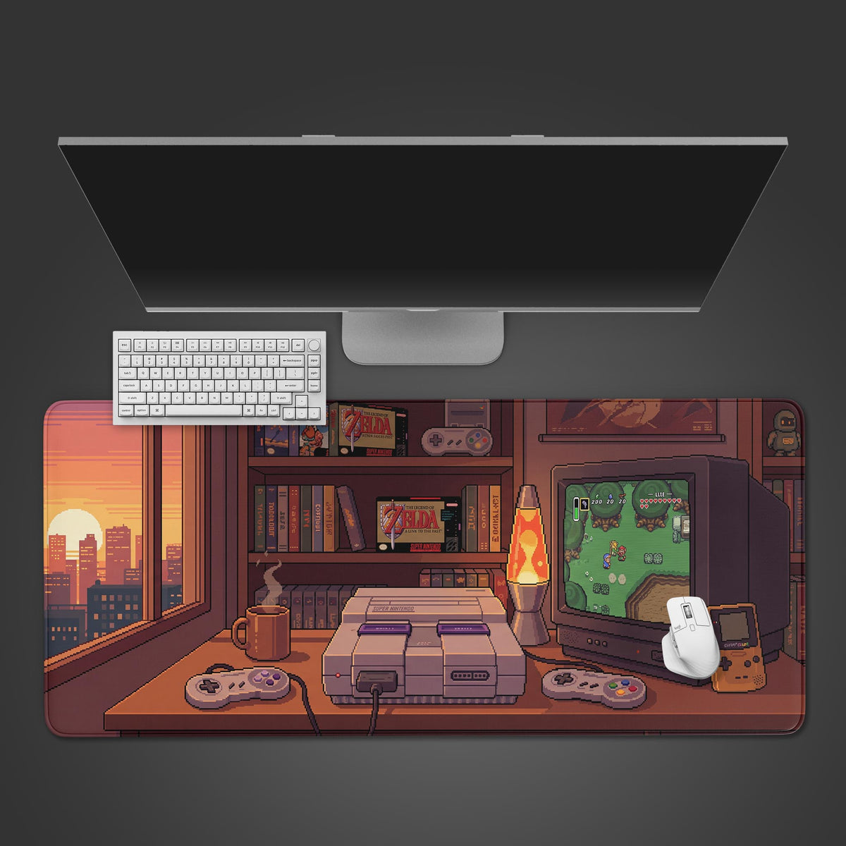 Pixel art desk mat featuring a retro 16-bit gaming console, a CRT TV playing an adventure game, and a sunset cityscape through a window.