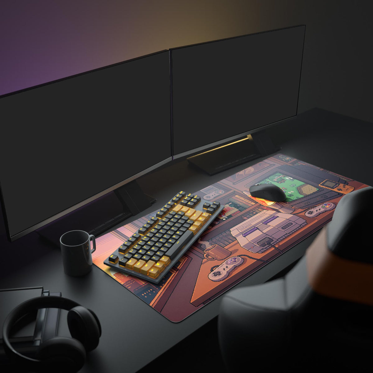 Close up of the retro gaming desk mat showing a pixelated CRT television, lava lamp, and yellow handheld console on a wooden desk.