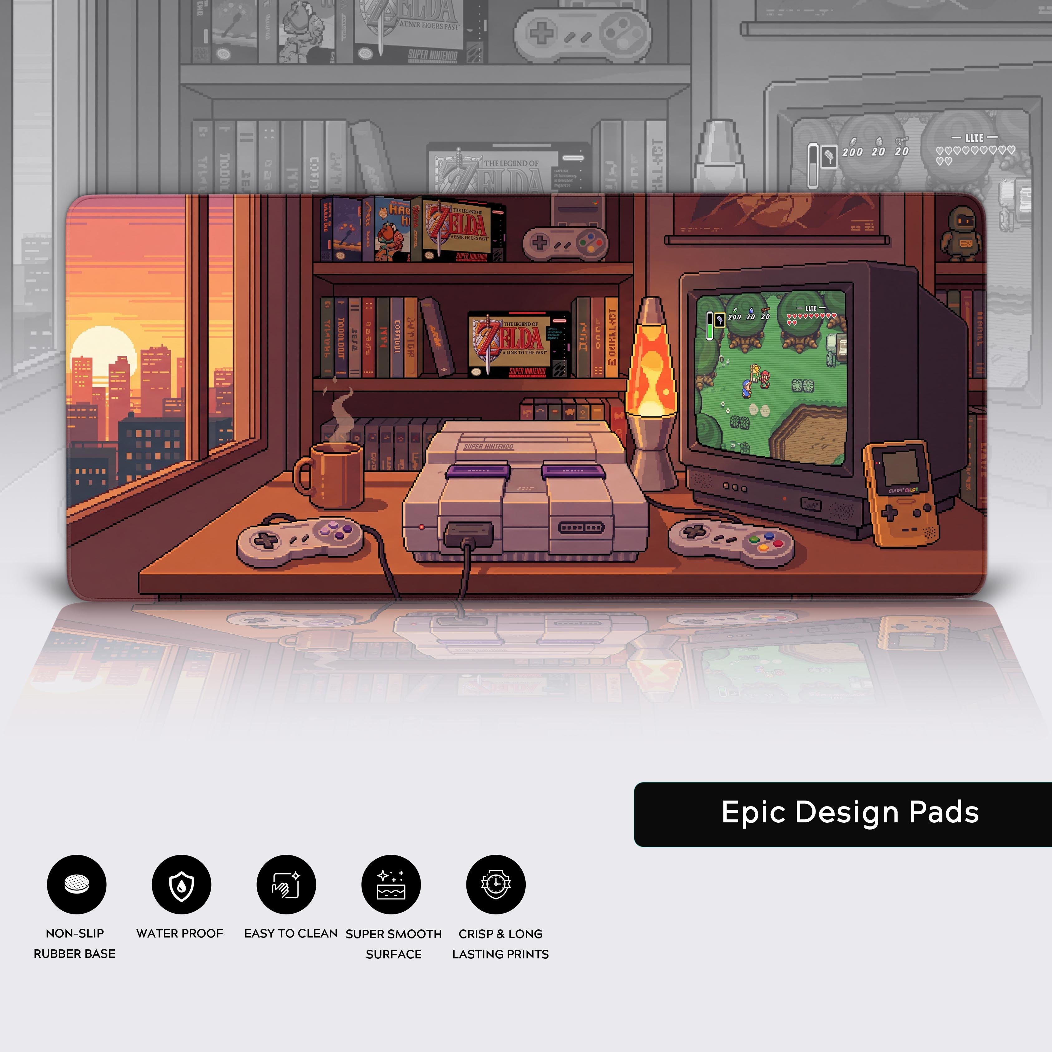 Product view of the retro pixel art desk mat with a reflection below and feature icons indicating non-slip, waterproof, and smooth surface.
