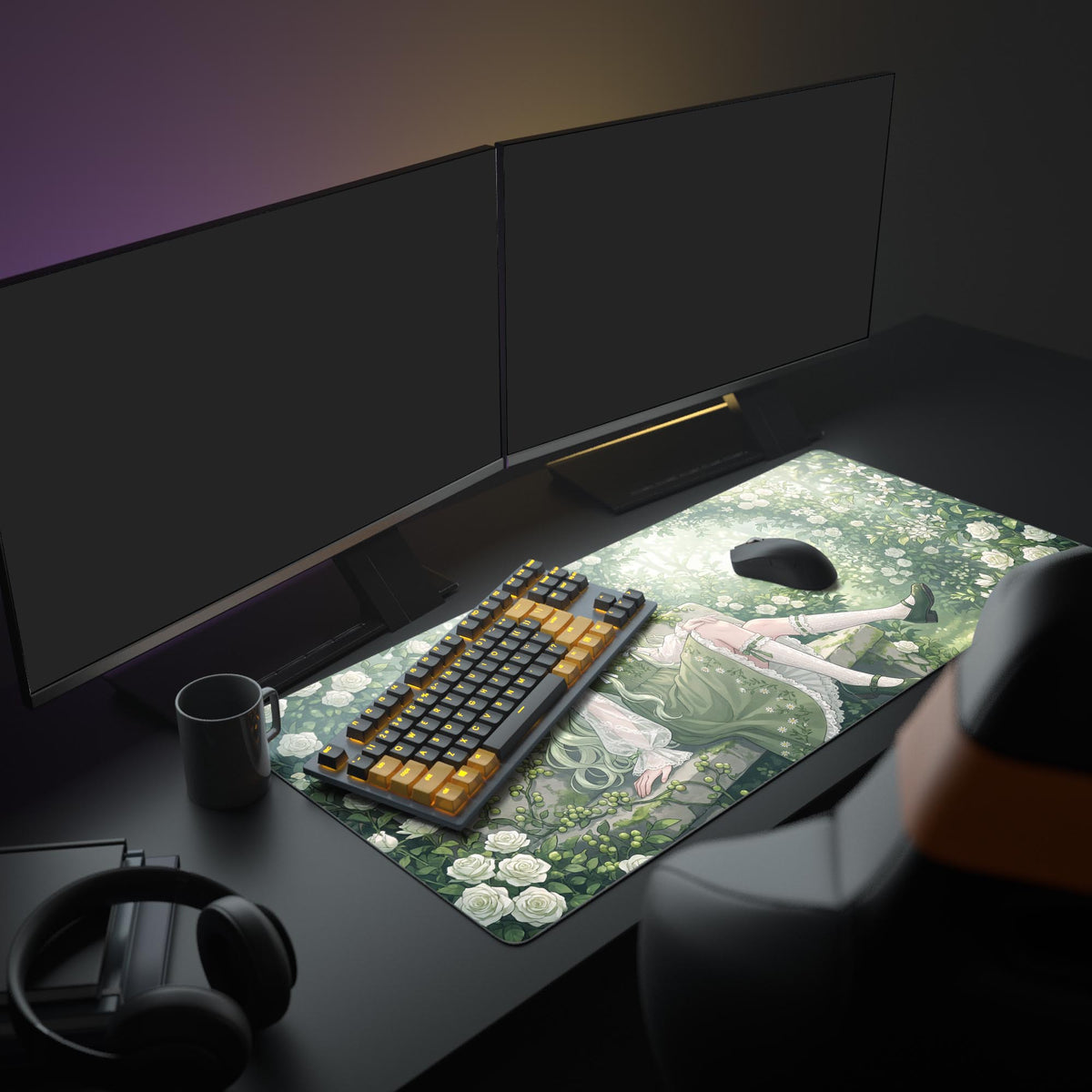 A cozy PC setup featuring the Garden Solace anime gaming desk mat, complementing a workspace with a large monitor and peripherals. - Epic Design Pads & Mousepads
