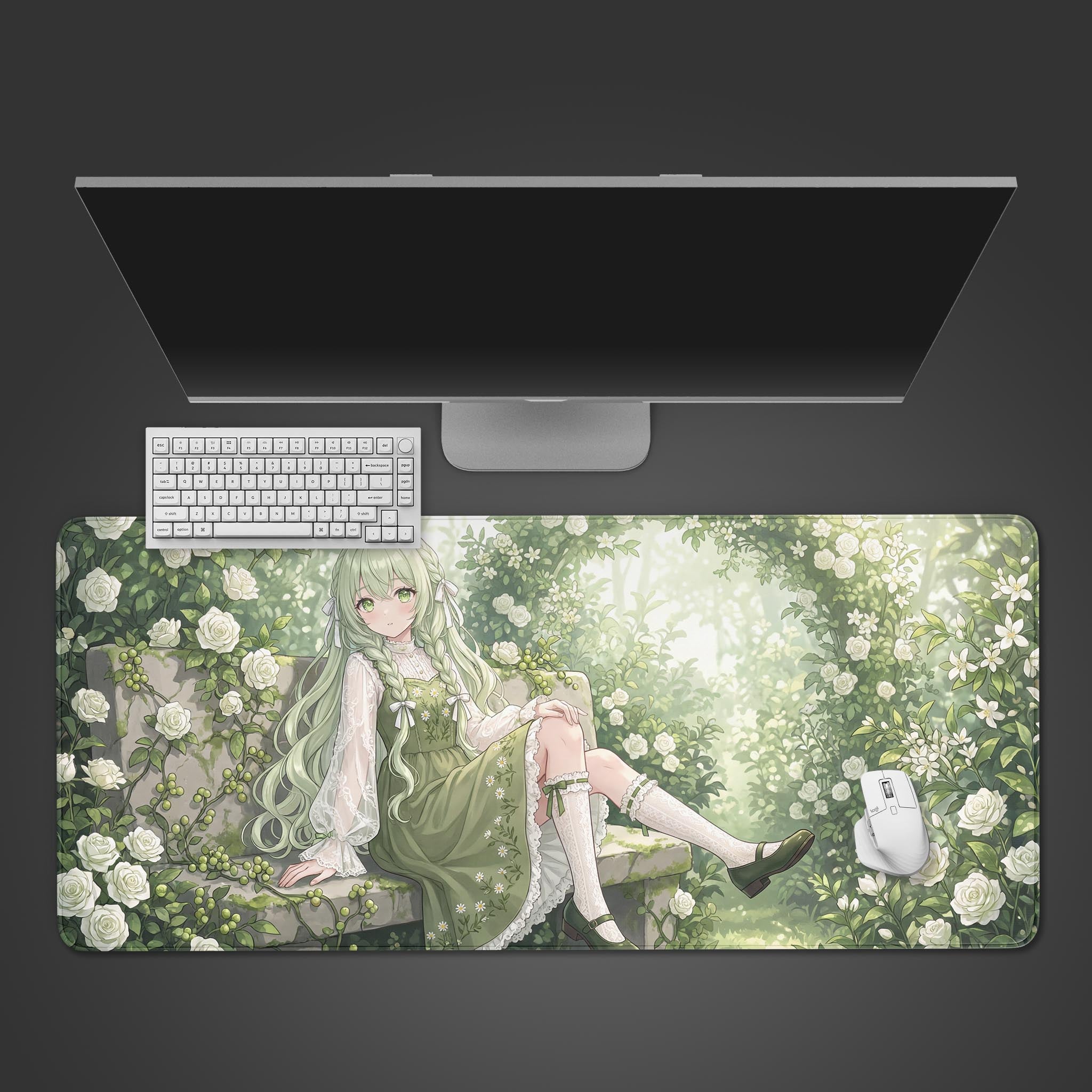 The Garden Solace gaming desk mat shown from a top-down view, featuring an anime girl in a floral garden, with a white keyboard and mouse. - Epic Design Pads & Mousepads