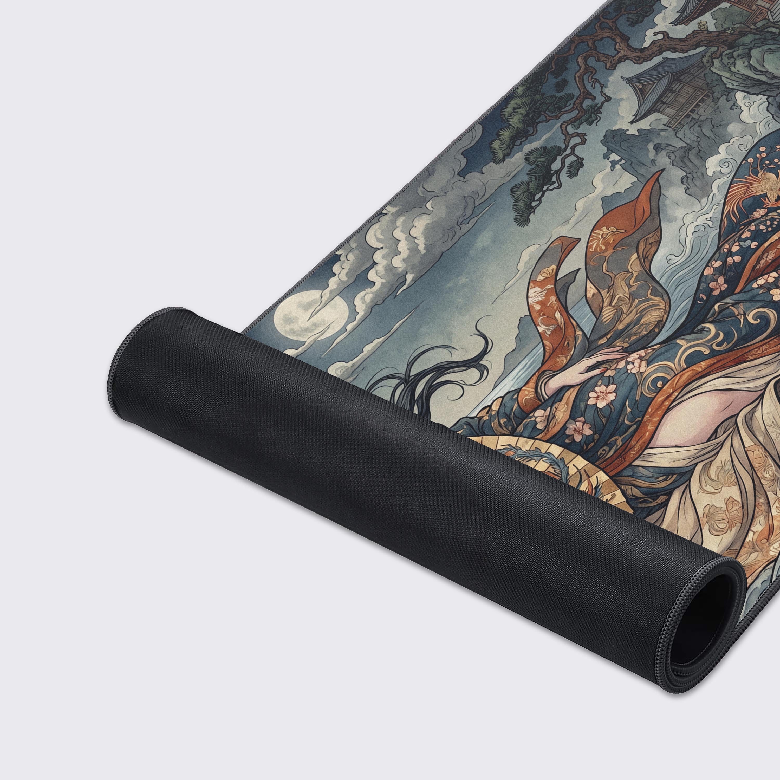 Top-down view of the large traditional Asian aesthetic gaming mouse pad featuring a pagoda and full moon