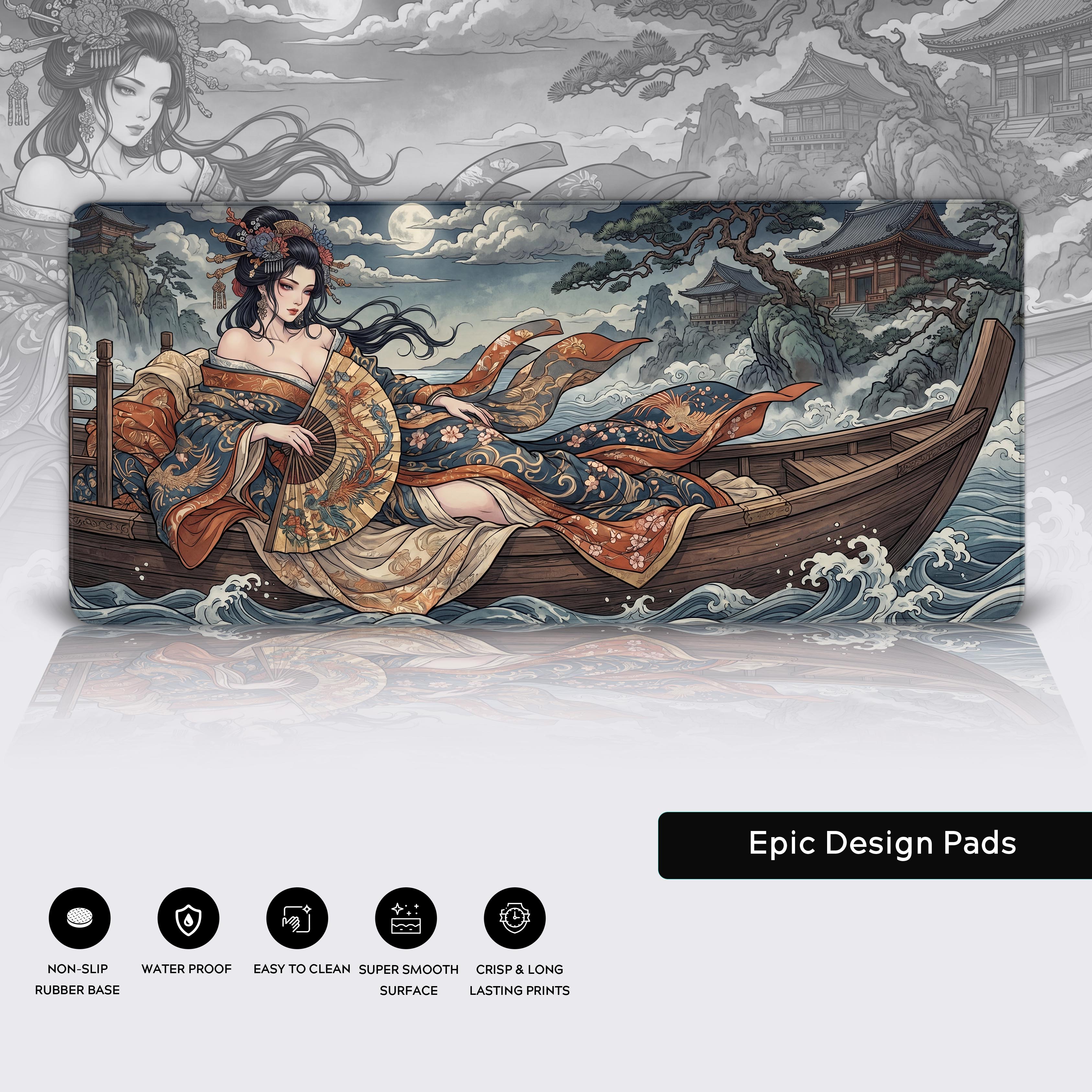 Features of the Epic Design Pads desk mat including non-slip base, water-proof surface, and crisp prints