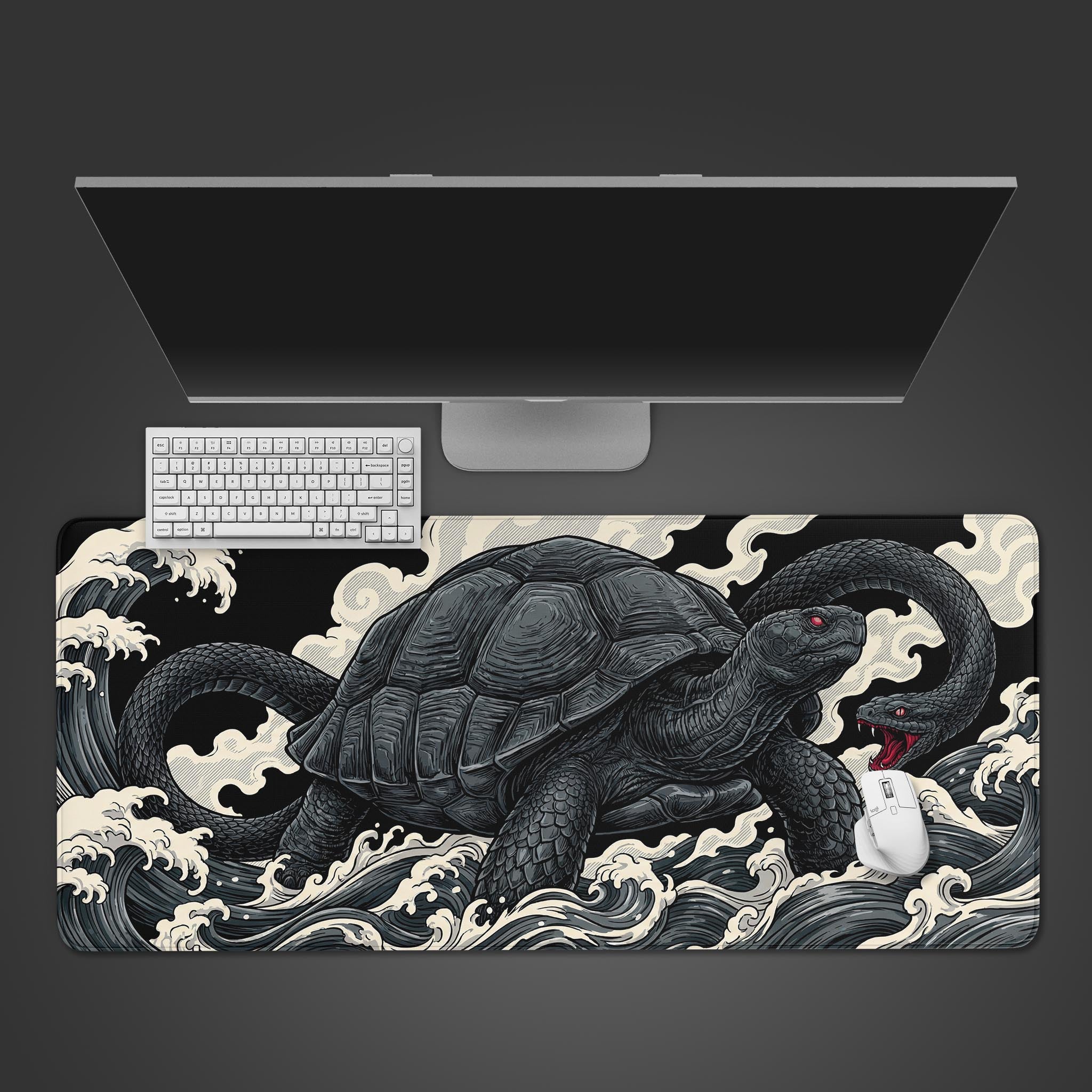 A minimalist desk setup from above, featuring a monitor, white keyboard, and mouse on the 'Genbu's Wrath' Japanese art gaming desk mat. - Epic Design Pads & Mousepads