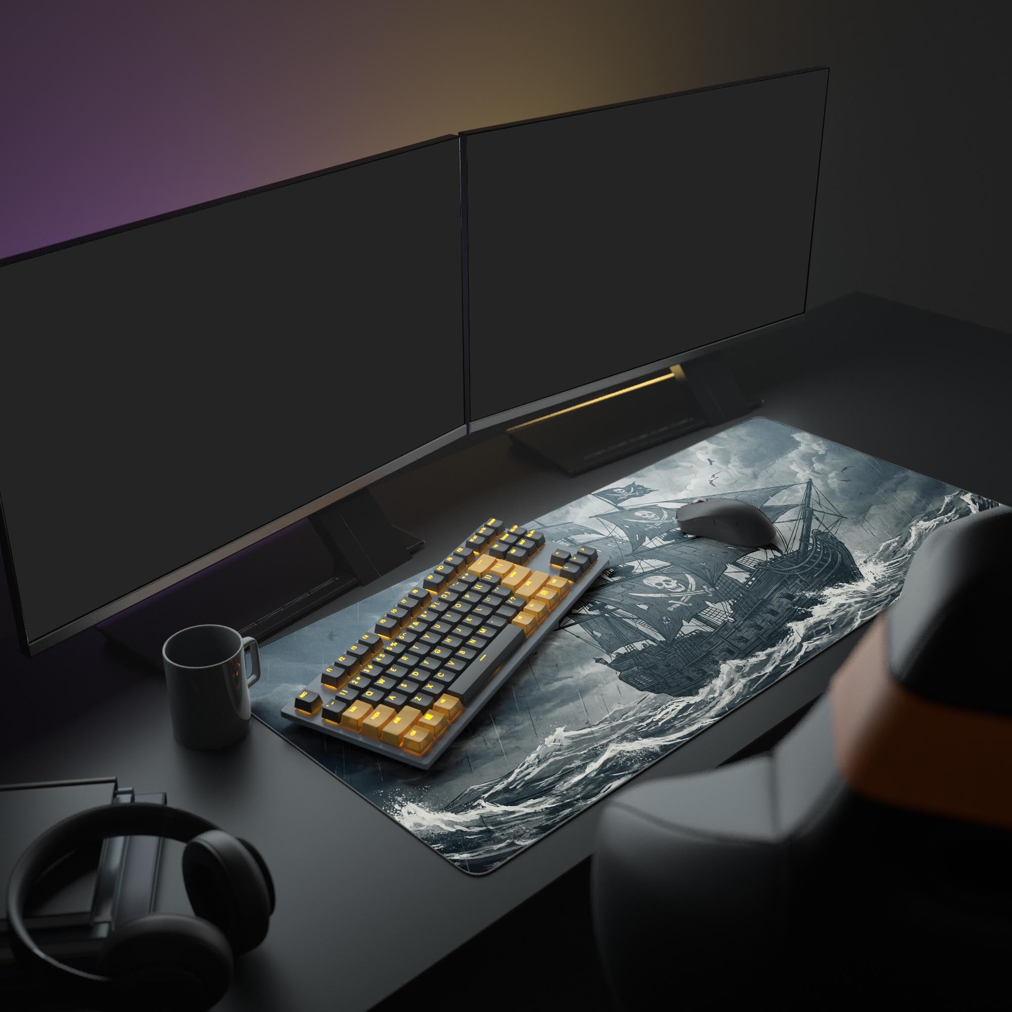 Large Ghost Ship gaming desk mat shown in a full desk setup with dual monitors and headphones, creating a nautical, adventurous aesthetic. - Epic Design Pads & Mousepads