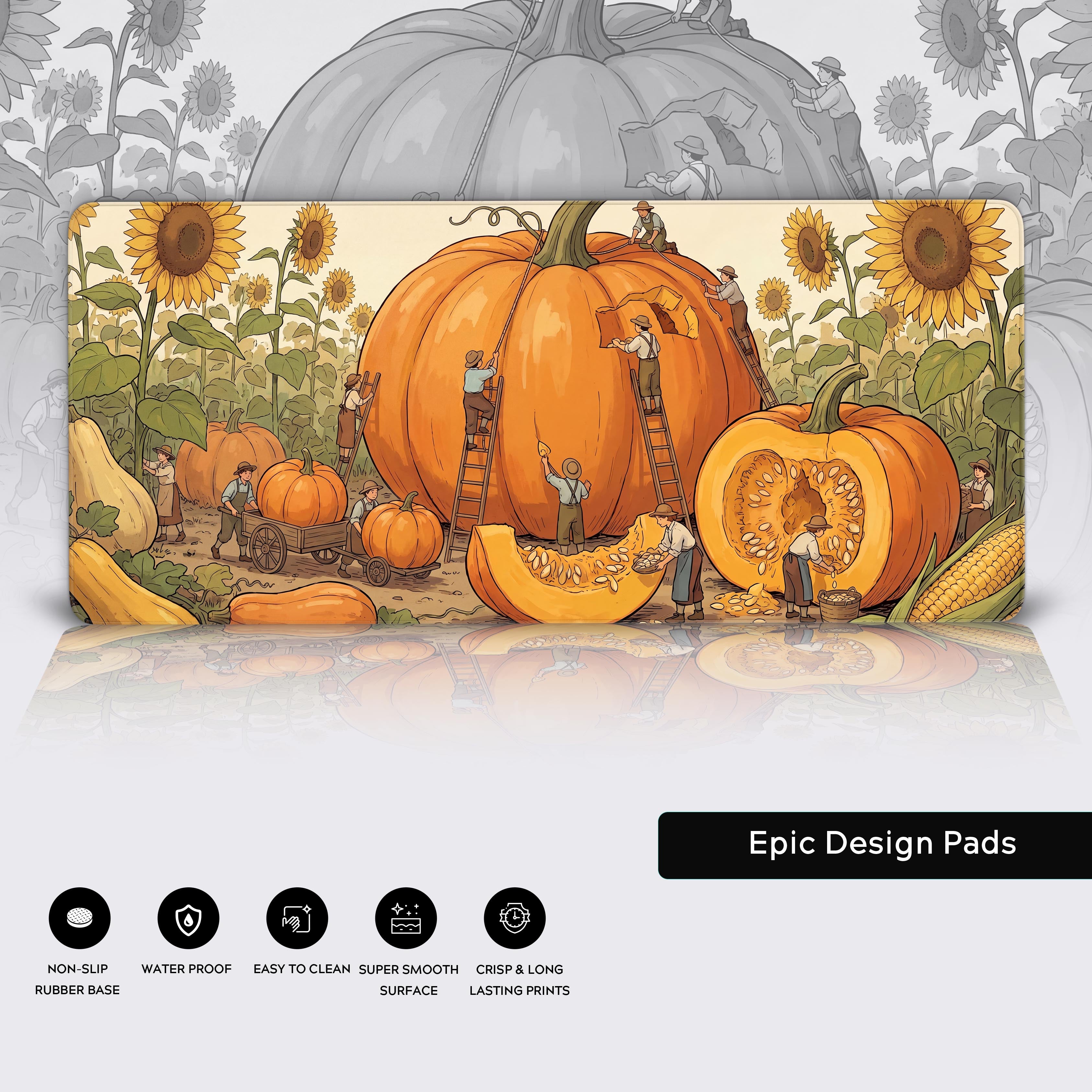 Features graphic showing the desk mat's non-slip rubber base, waterproof surface, and super smooth glide.
