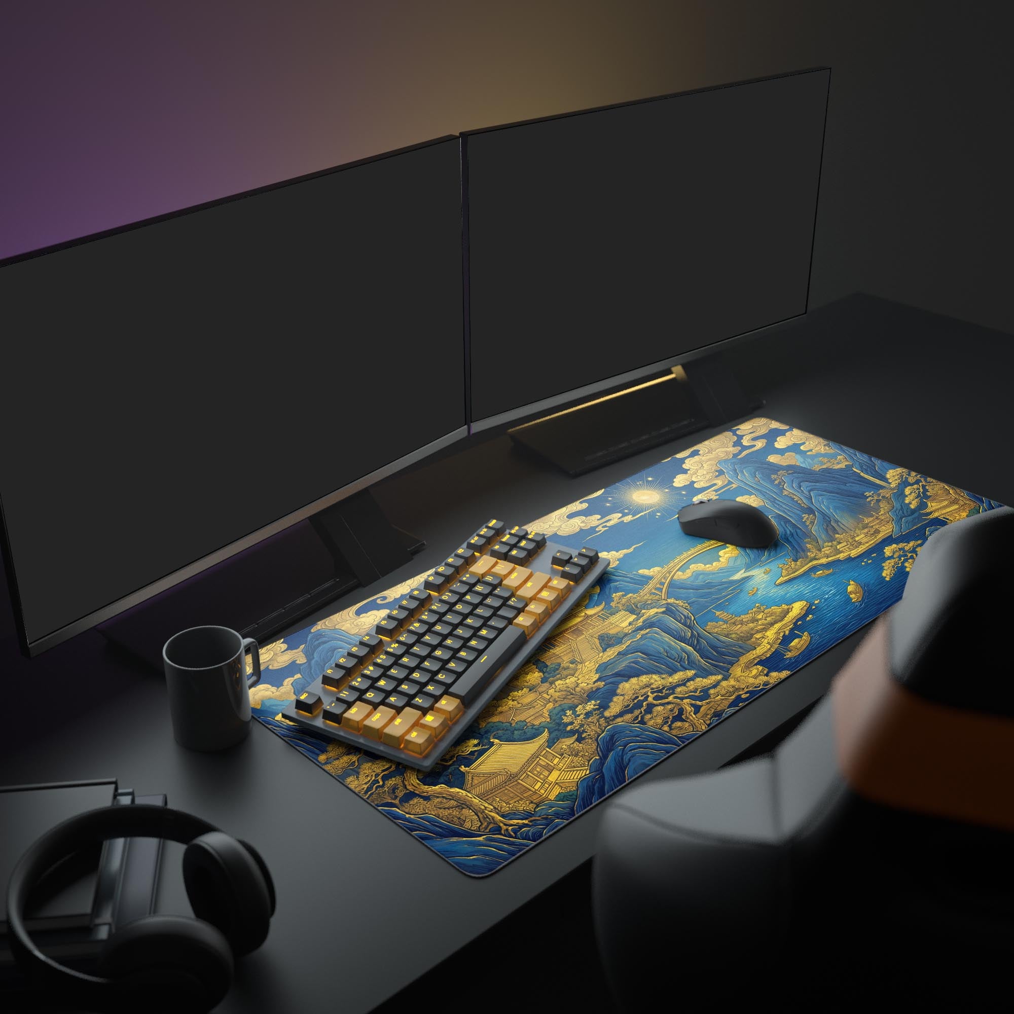 The Gilded Dynasty XL mouse pad enhances a full gaming setup, its blue and gold imperial design complementing monitors and a mechanical keyboard. - Epic Design Pads & Mousepads