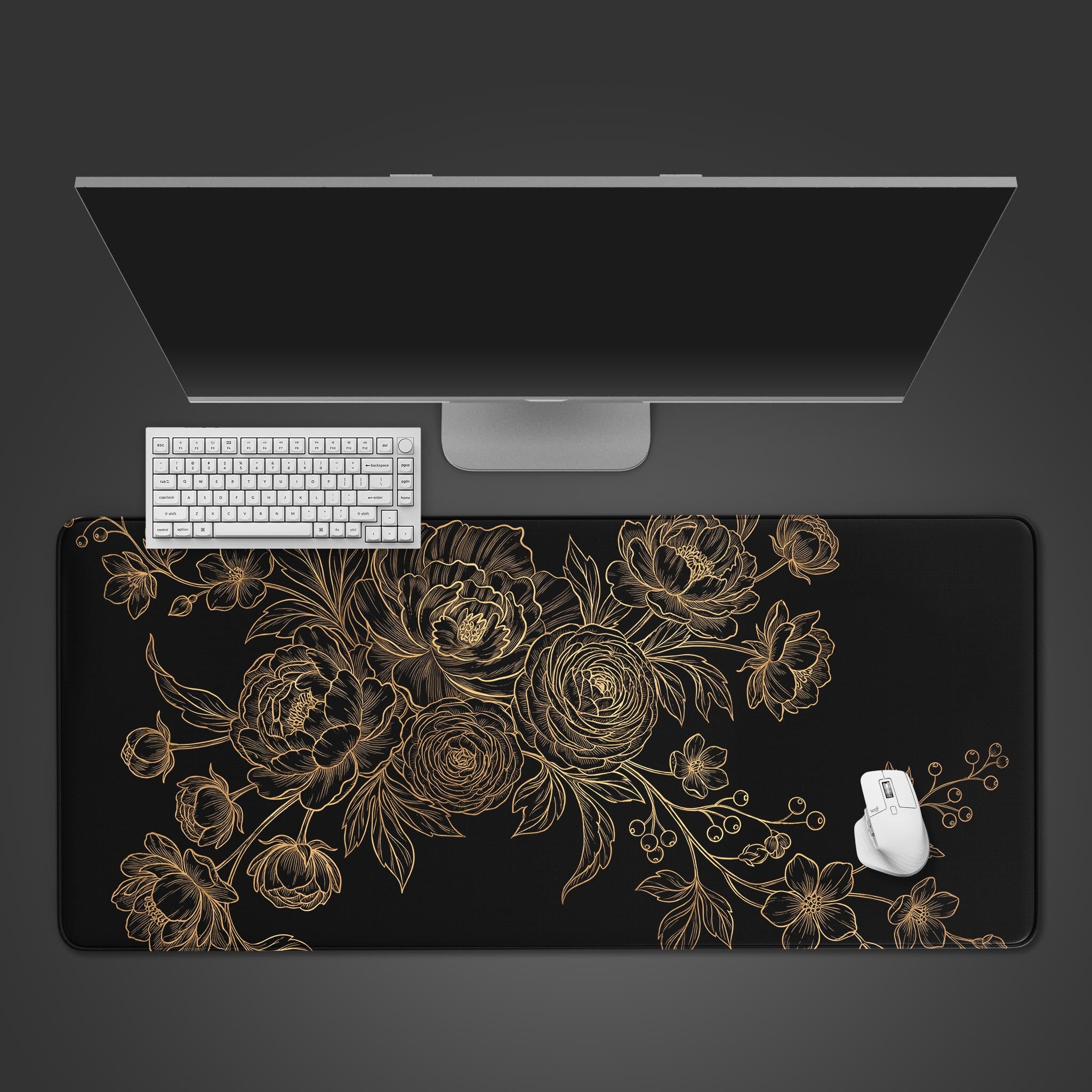 Gilded Flora desk mat with gold botanical line art on a black background, shown from a top-down view with a keyboard and mouse. - Epic Design Pads & Mousepads