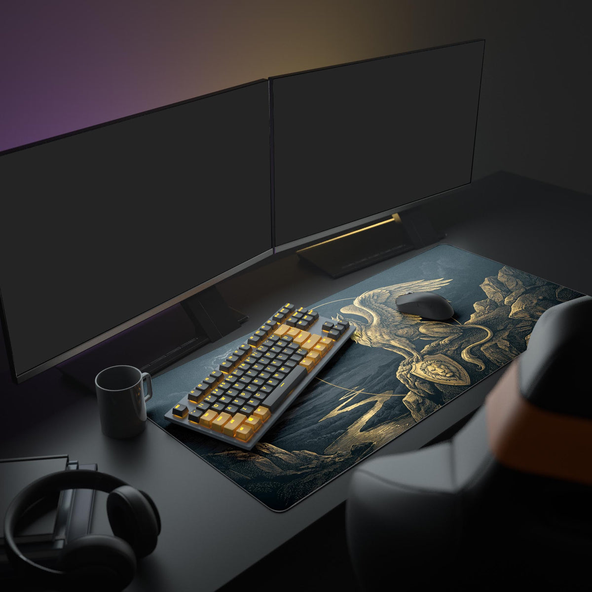 A complete gaming setup featuring the Gilded Gryphon mouse pad, which displays a large golden gryphon under a large monitor, creating a dark fantasy aesthetic. - Epic Design Pads & Mousepads