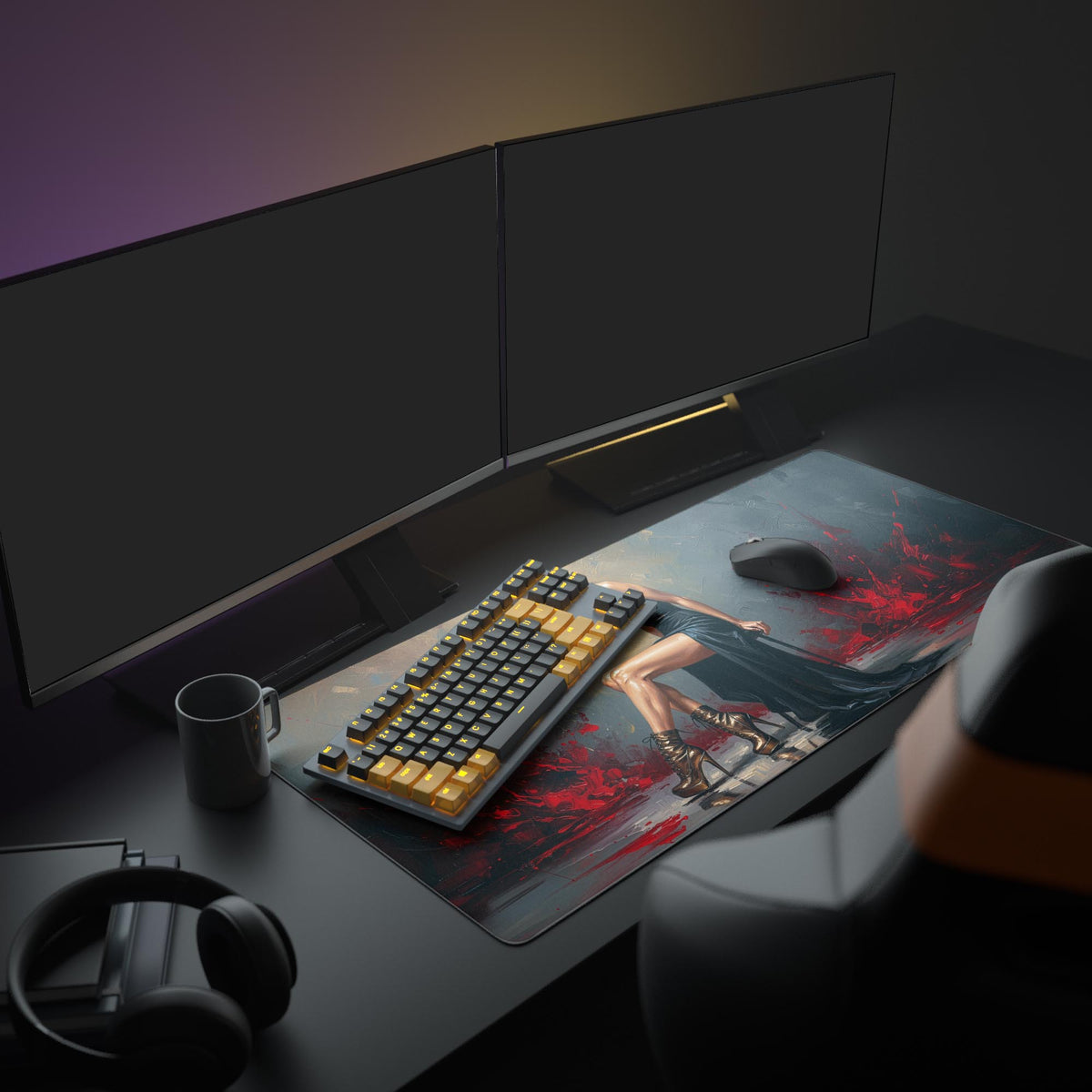 Large Gilded Noir desk mat with abstract gold and red art, displayed in a sophisticated home office setup with dual monitors and accessories. - Epic Design Pads
