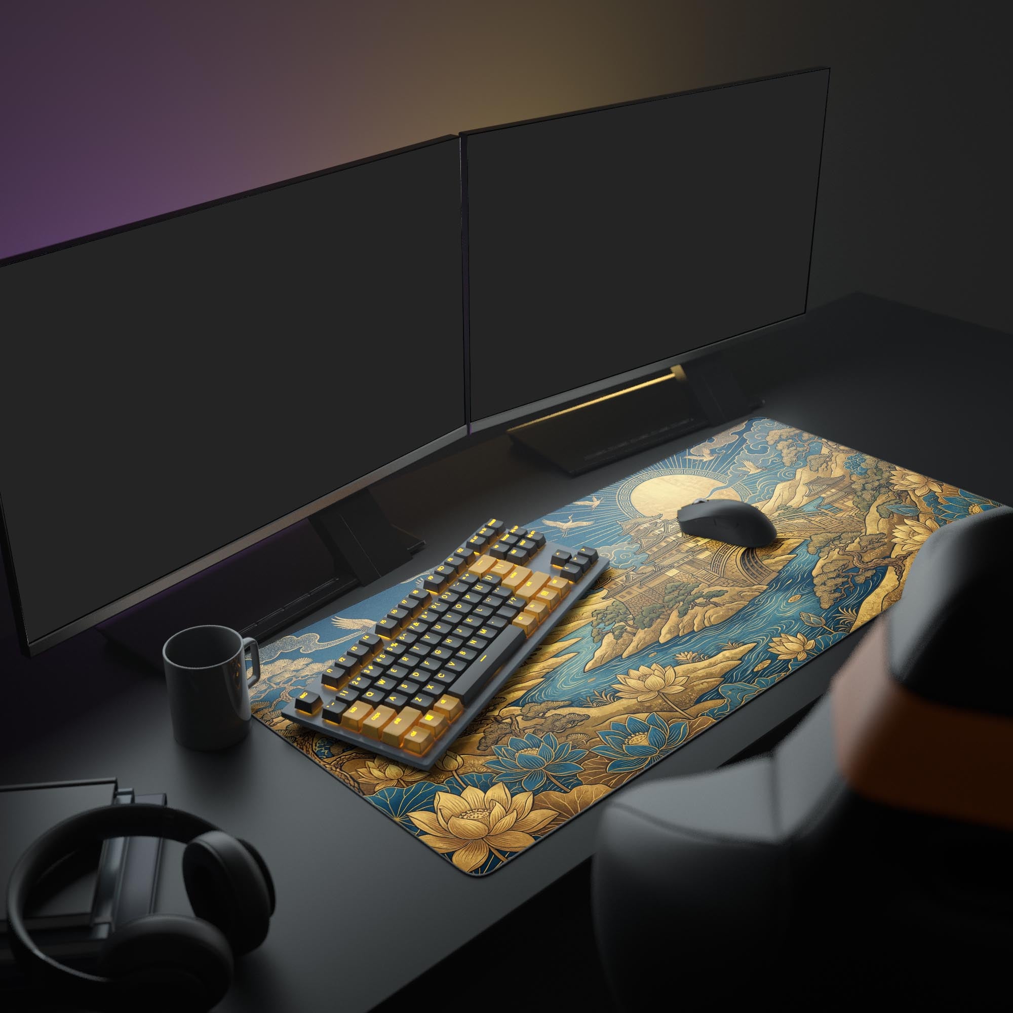 A full gaming PC setup featuring the 'Gilded Sanctuary' mouse pad, which complements the monitors and keyboard with its rich gold and blue Japanese artwork. - Epic Design Pads & Mousepads