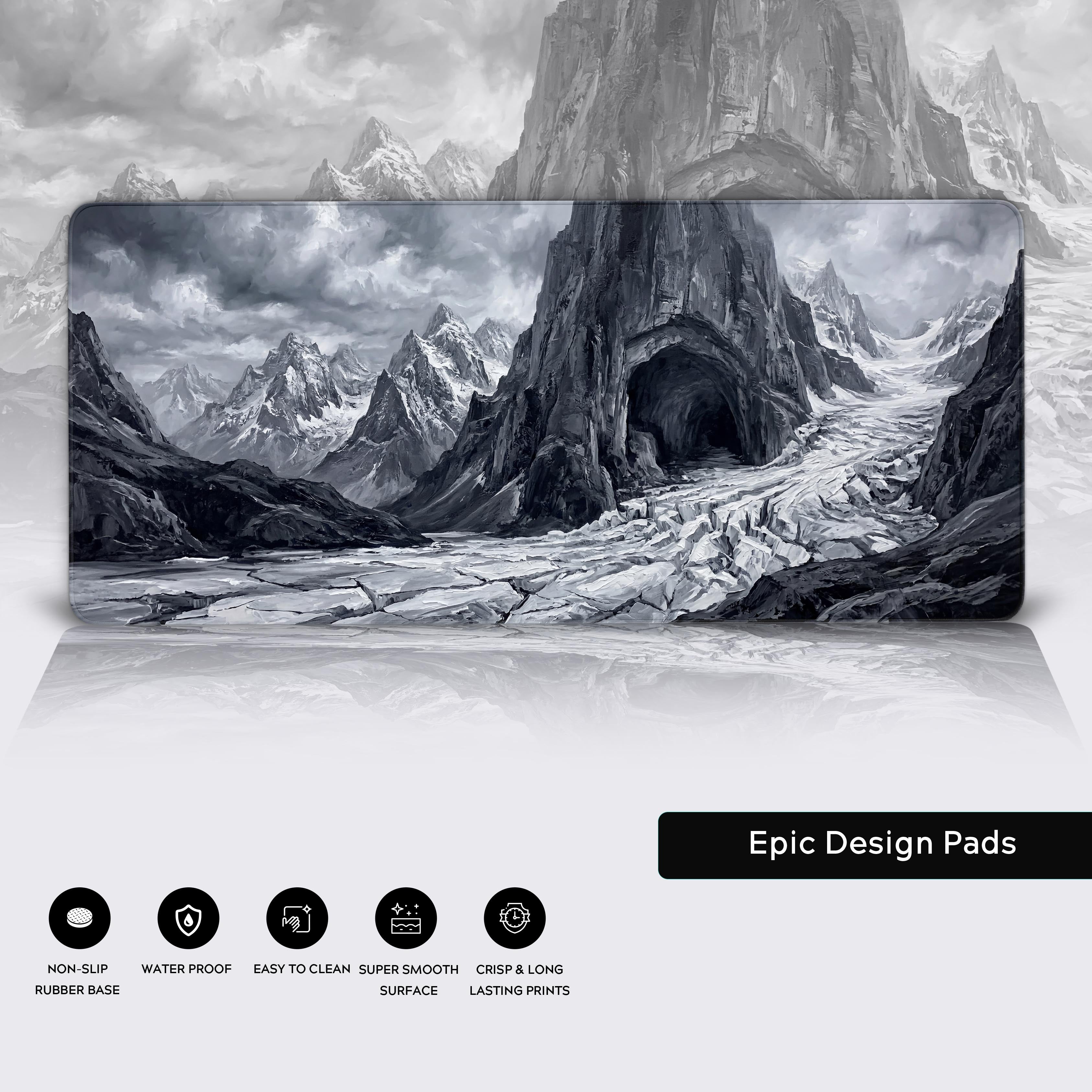 Large epic fantasy ice mountain mousepad on a desk surface.