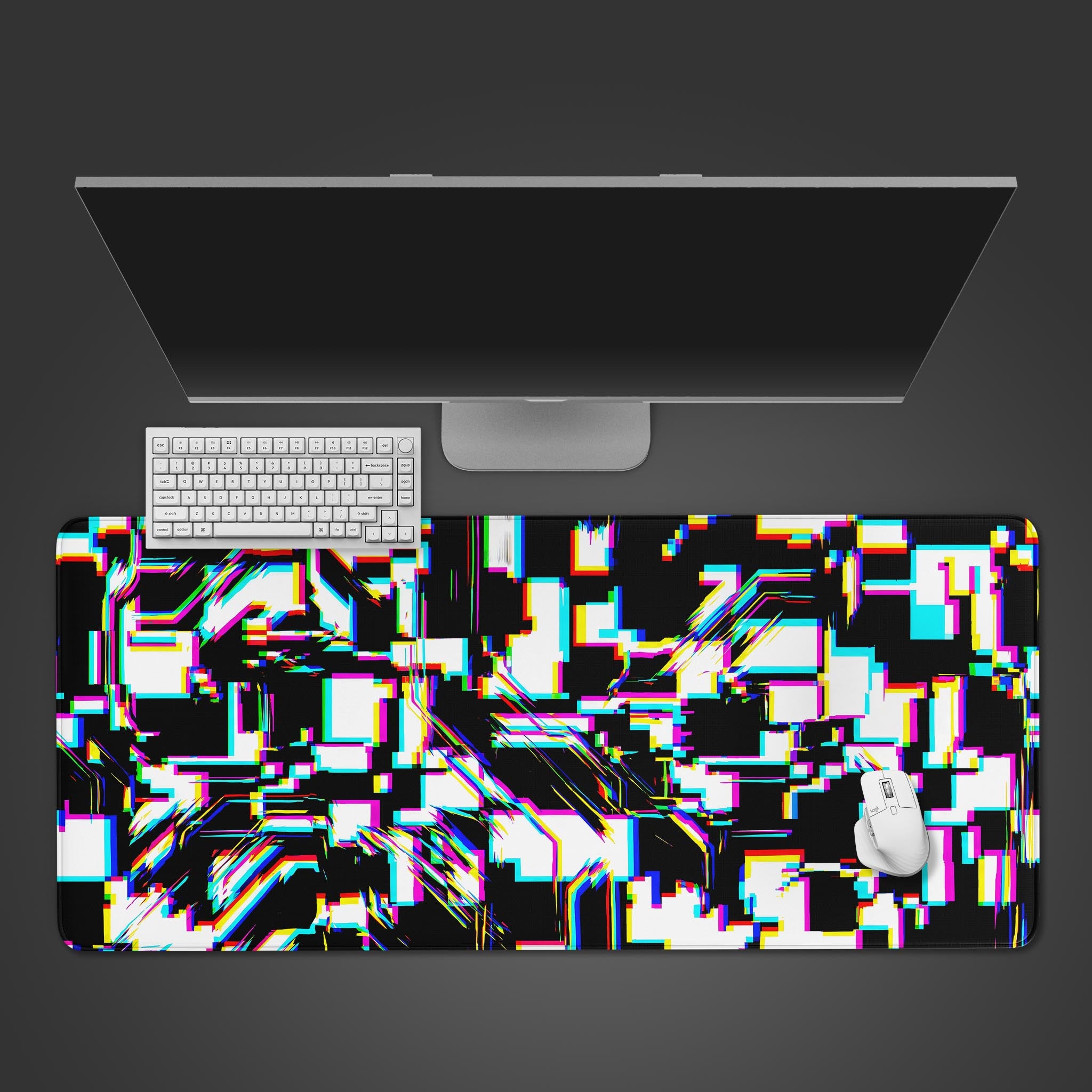 System Error glitch art desk mat with vibrant cyan, magenta, and yellow distortion.