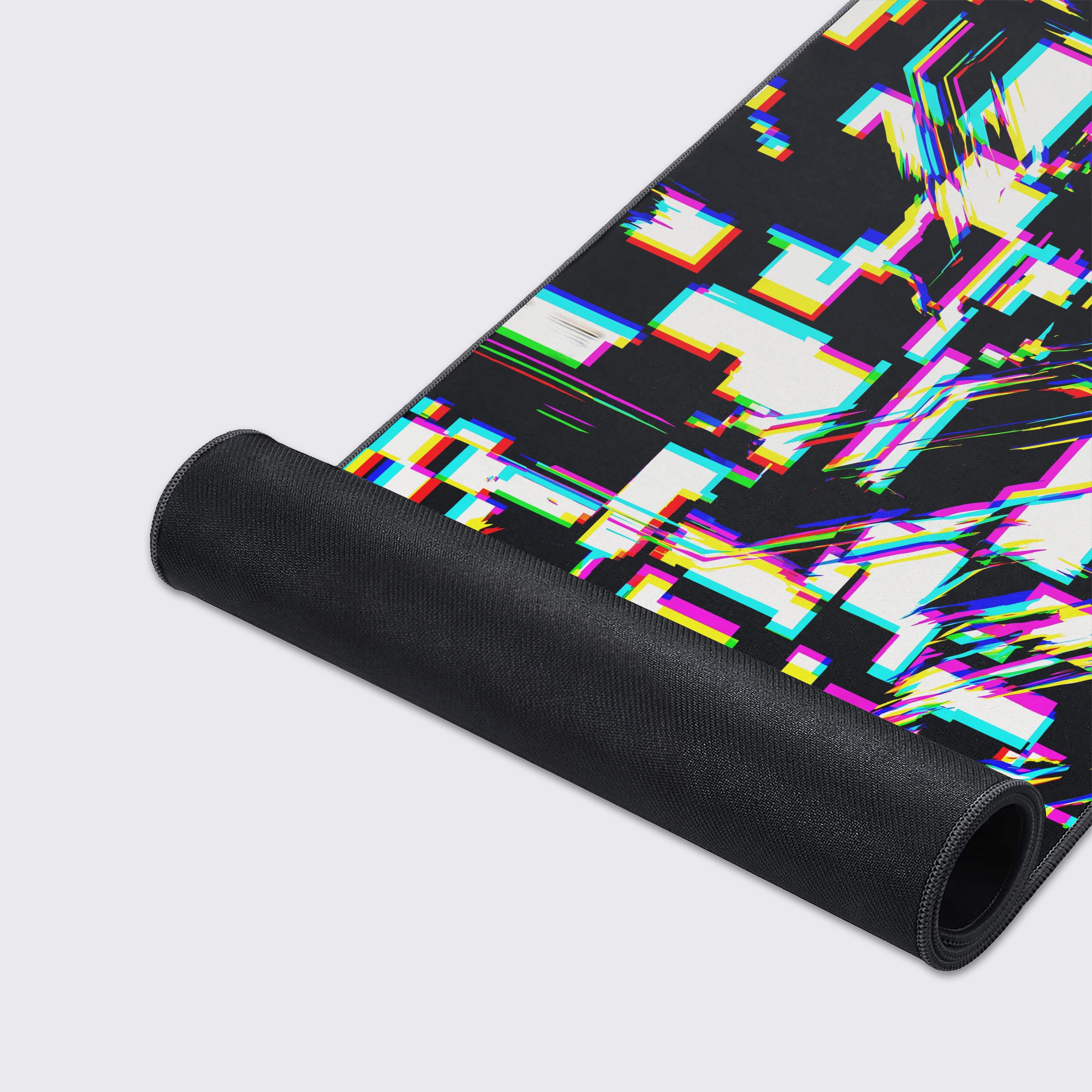 Waterproof and non-slip features of the chaotic tech glitch gaming desk pad.