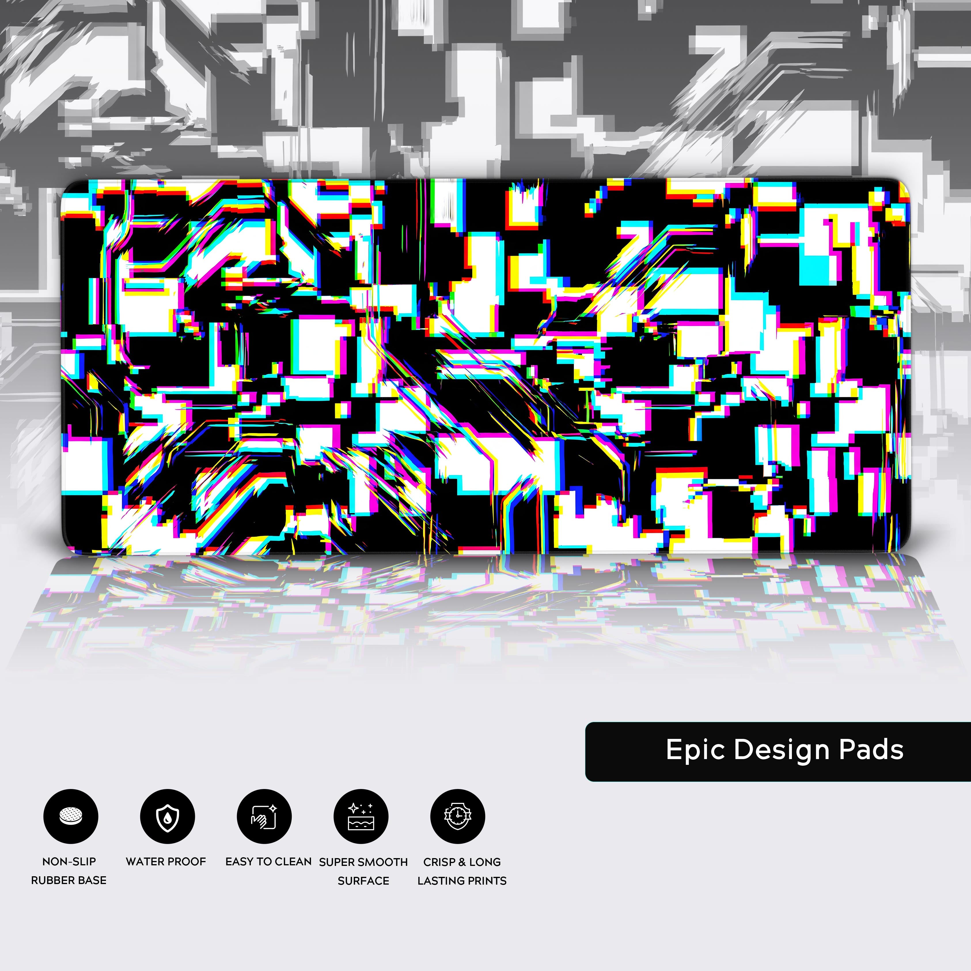 High-contrast abstract system error desk mat anchoring a modern gaming setup.