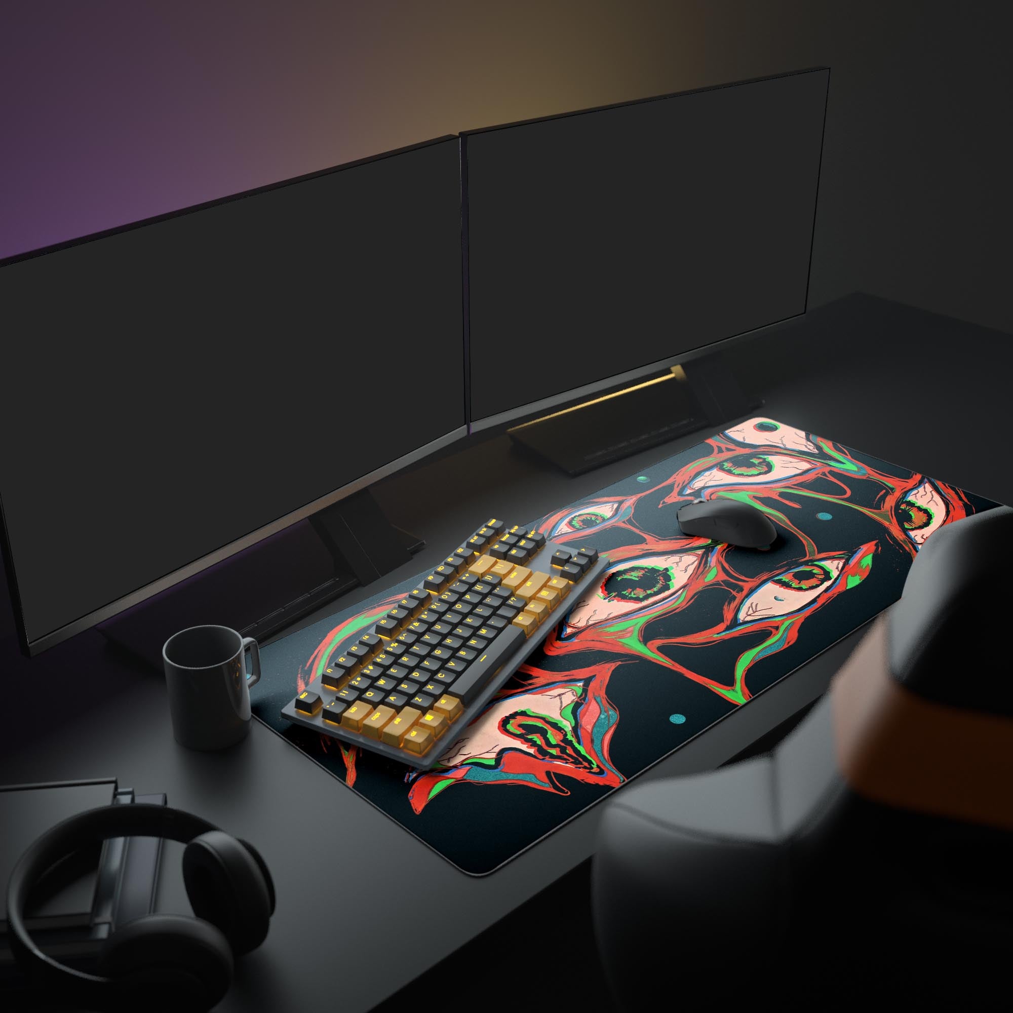 A full gaming setup featuring the Glitch Gaze Mouse Pad, with its chaotic eye art anchoring a desk with multiple monitors and an illuminated keyboard. - Epic Design Pads & Mousepads