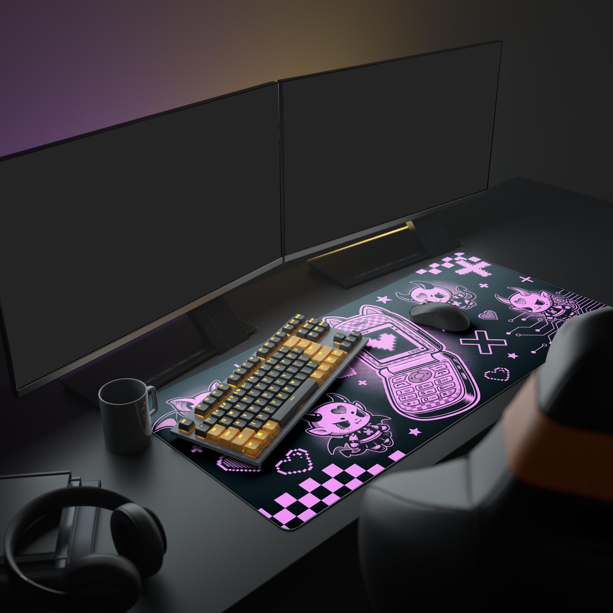 A complete gaming setup showcasing the Glitch Love mouse pad, with its Y2K flip phone and kawaii demon art, under a glowing monitor. - Epic Design Pads & Mousepads
