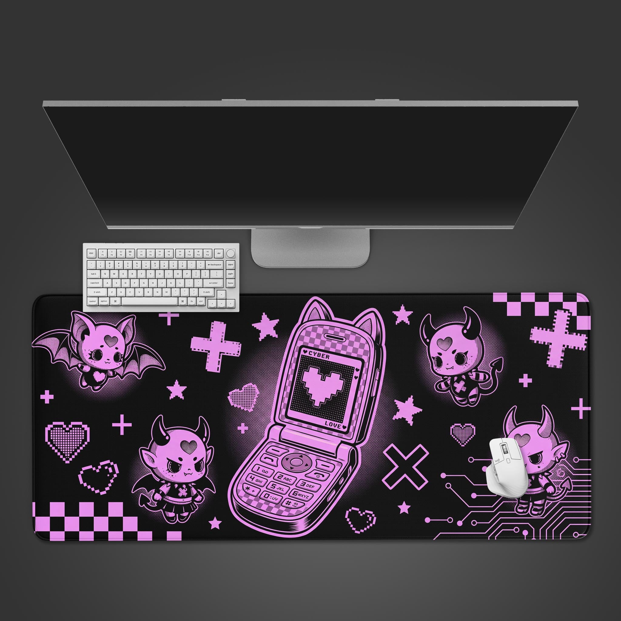 Top-down view of the Glitch Love gaming desk mat, featuring a pink cyber-devil design, with a white keyboard and mouse on a dark surface. - Epic Design Pads & Mousepads