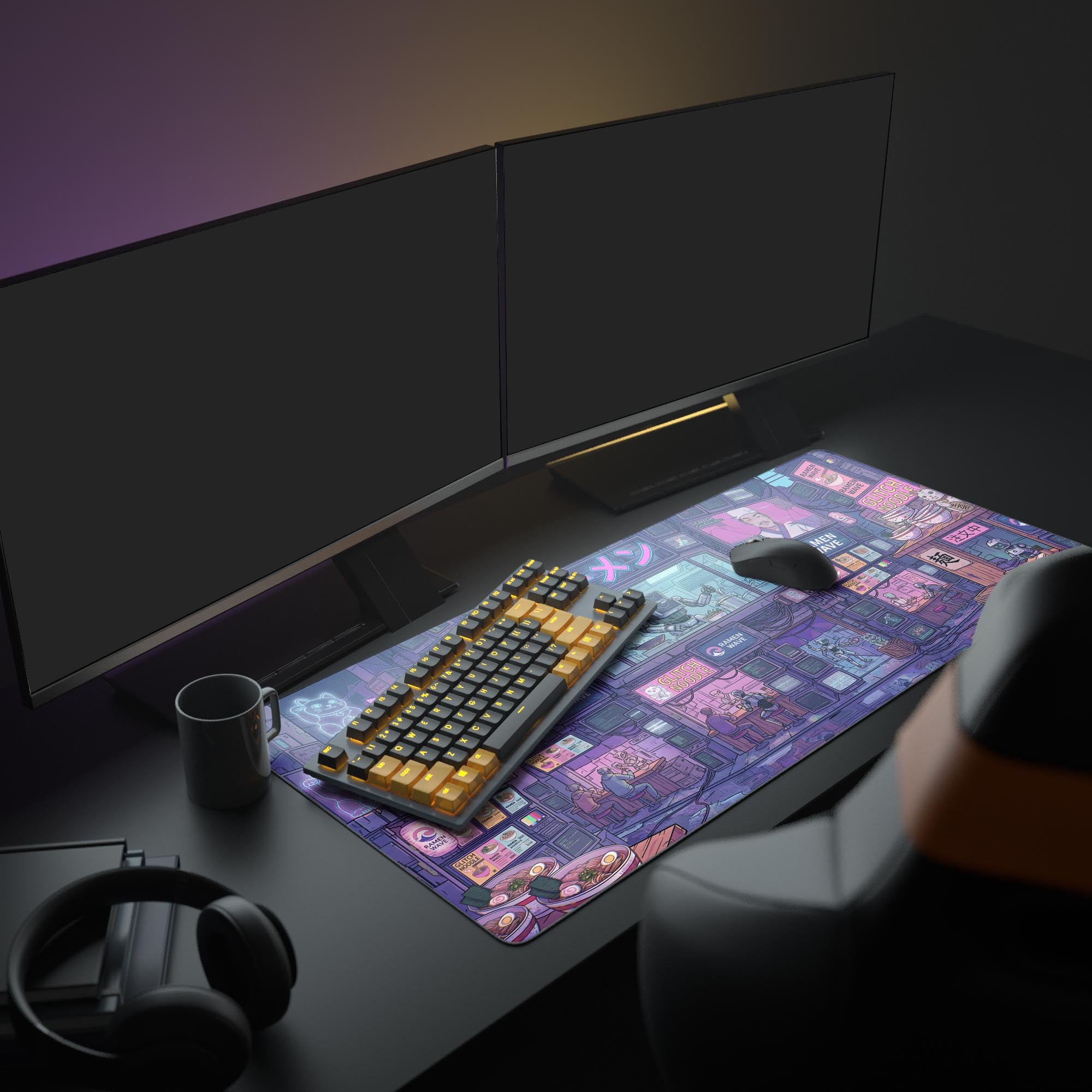 A full gaming setup featuring the Glitch Noodle Bar desk mat, its neon purple and blue cyberpunk design perfectly complementing an RGB keyboard and glowing monitors. - Epic Design Pads & Mousepads