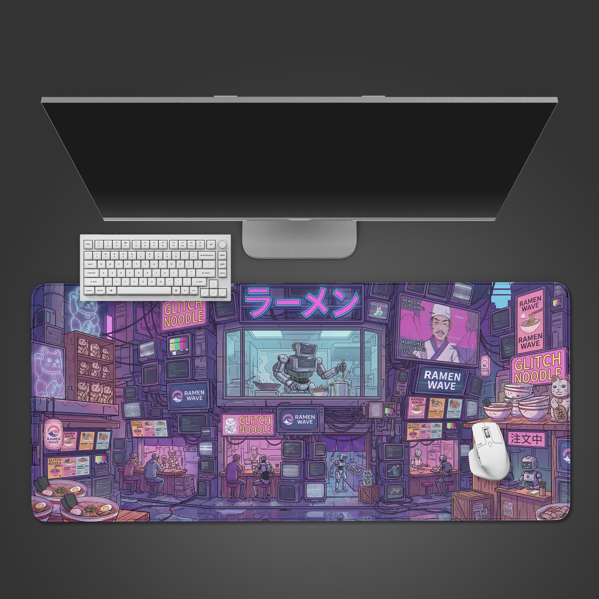 The Glitch Noodle Bar gaming desk mat shown from above with a white keyboard and monitor, displaying its detailed cyberpunk ramen shop artwork in a clean desktop mockup. - Epic Design Pads & Mousepads