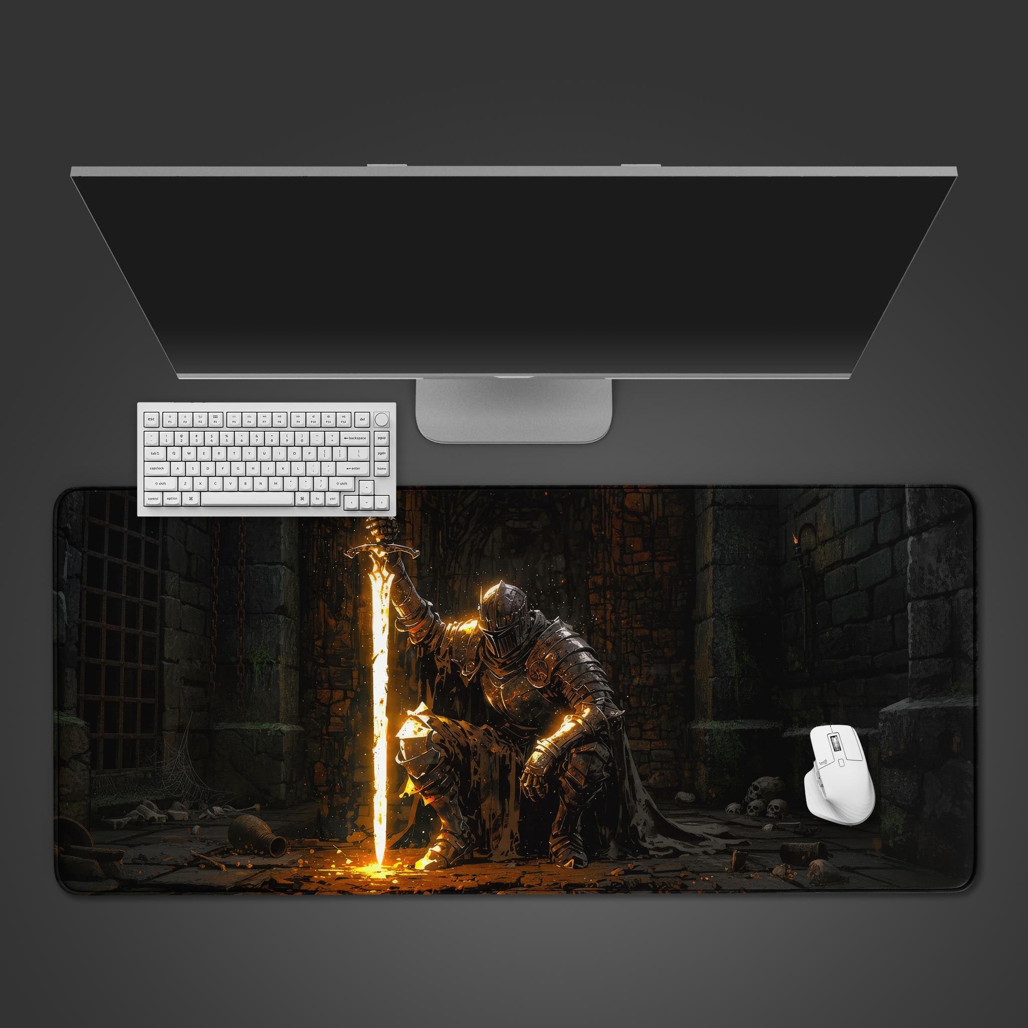 gaming desk mat featuring glowing armored knight with fiery sword in dark dungeon setting - Epic Design Pads & Mousepads