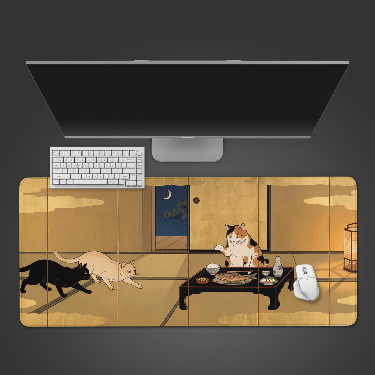 Gilded Supper gold cat japanese desk mat featuring three cats around a traditional dinner table on tatami mats.