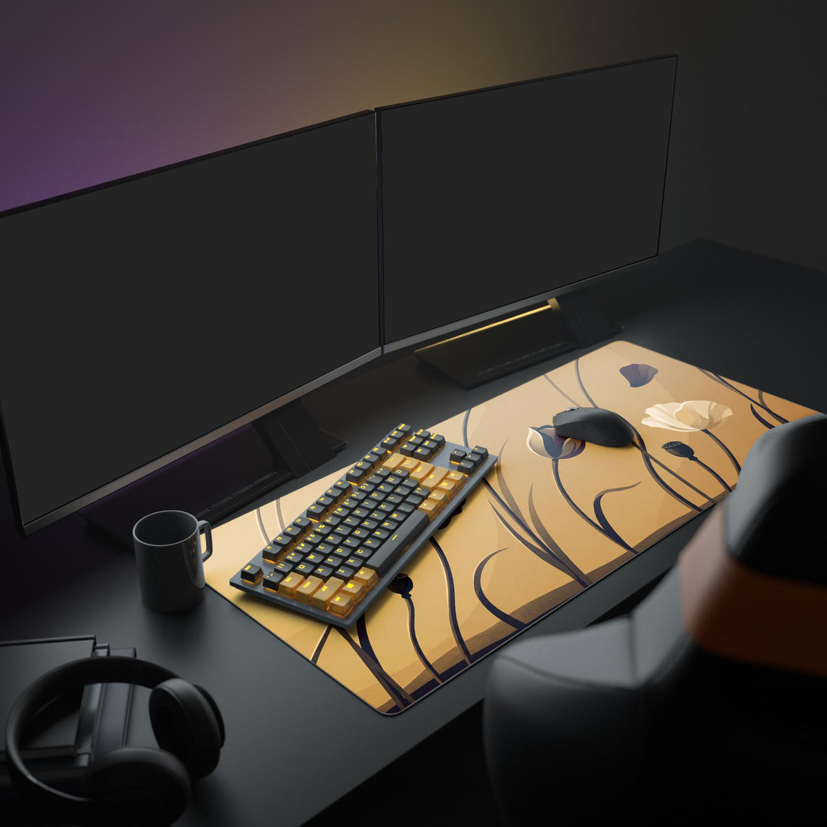 Golden poppy desk mat on a dark desk with two monitors, gray and amber keyboard, mouse, mug and headphones