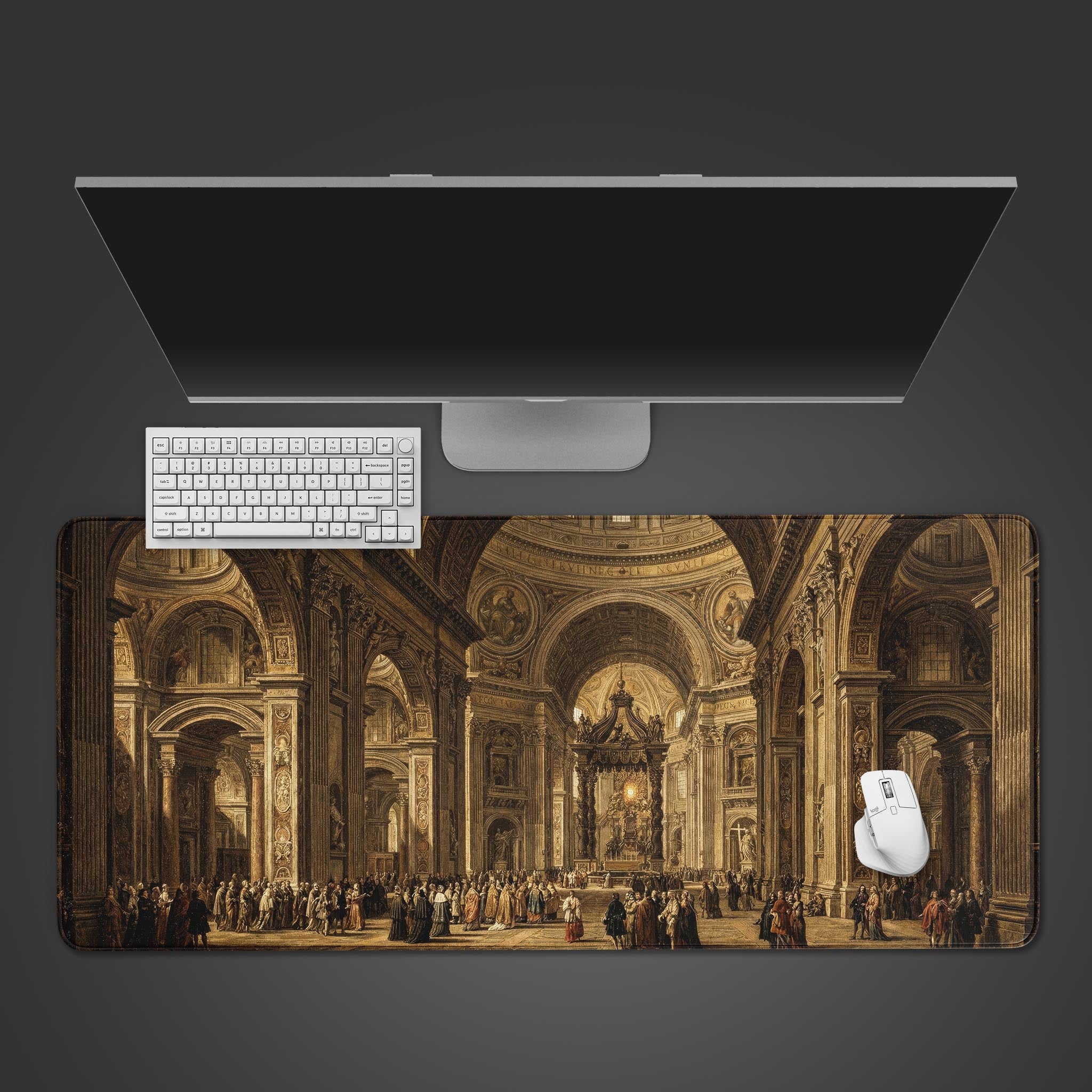 A top-down view of the Golden Basilica gaming desk mat with its Renaissance art print, positioned below a white keyboard, mouse, and a large computer monitor on a dark surface. - Epic Design Pads & Mousepads