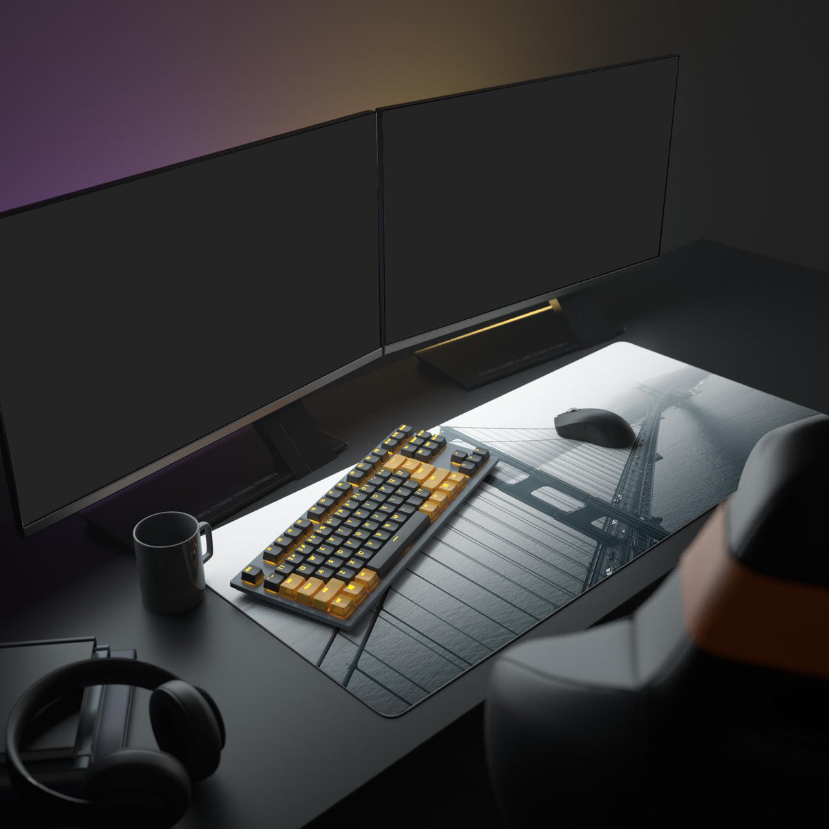 Large Golden Gate Bridge desk mat in a modern office setup with dual monitors, a mechanical keyboard, and headphones. - Epic Design Pads