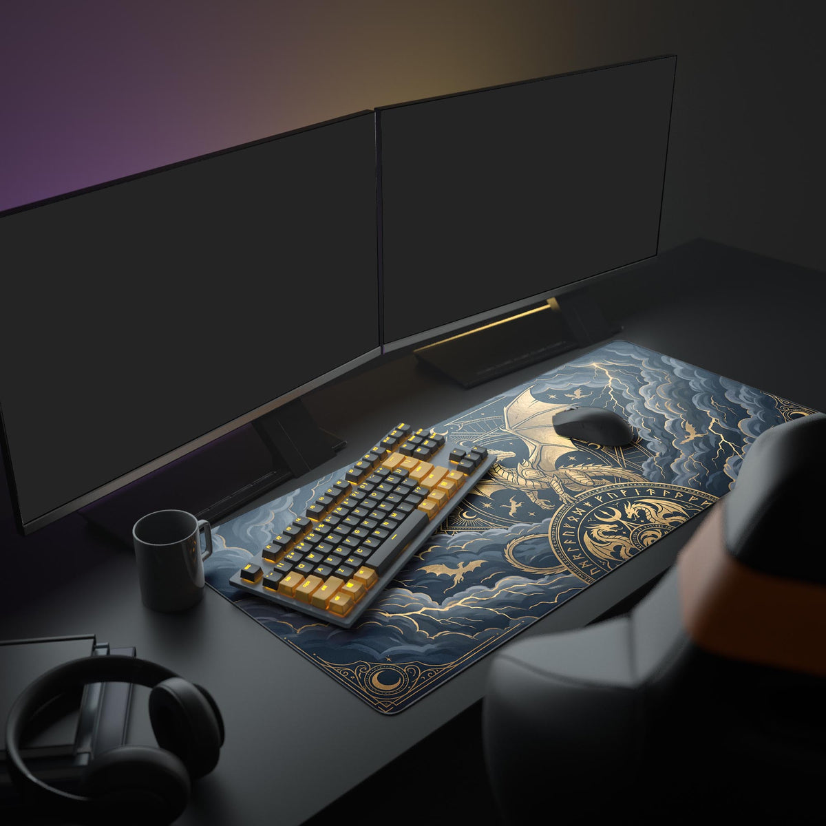 Detailed view of majestic golden dragon art on a waterproof gaming mouse pad