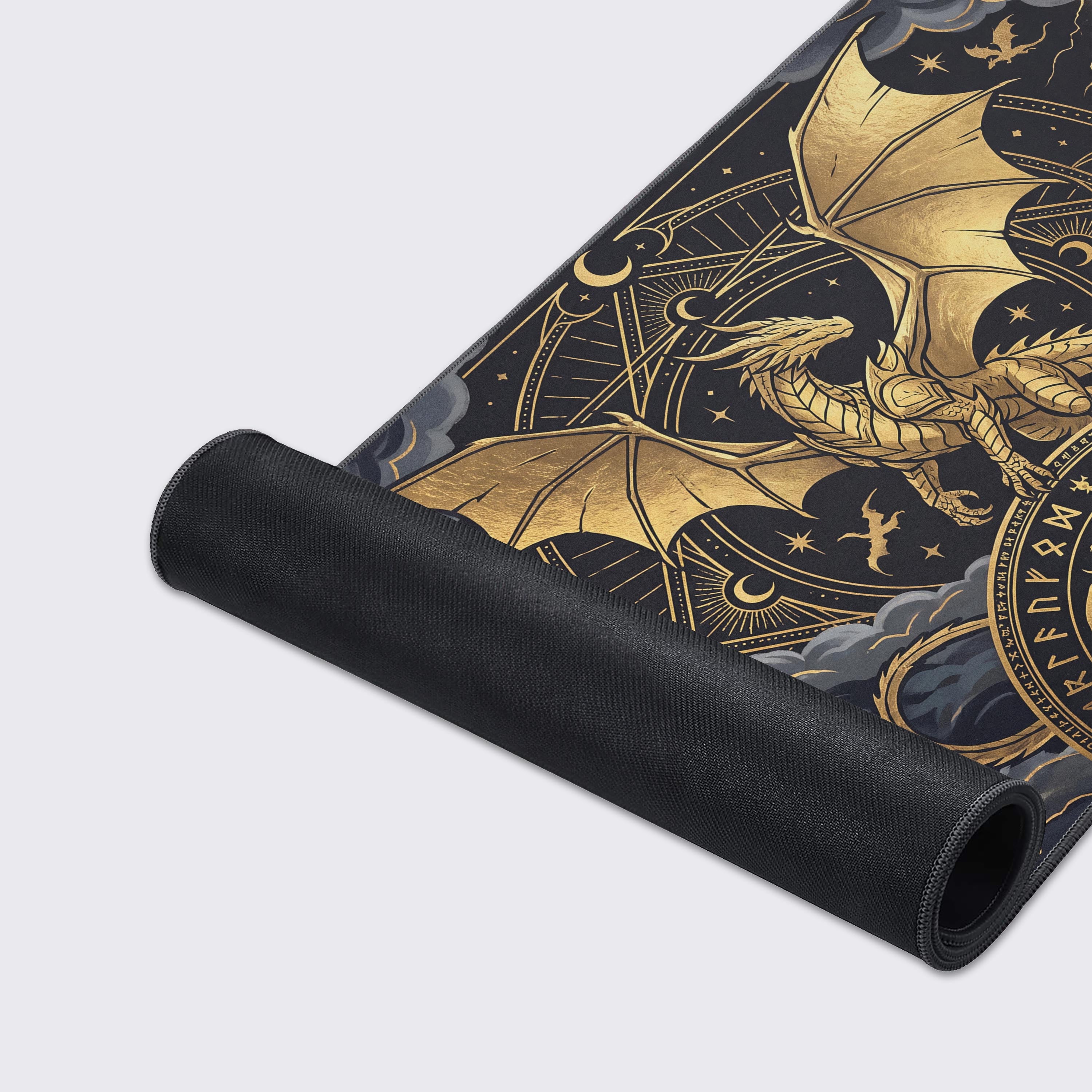 Epic dark fantasy desk pad showcasing gold lightning and non-slip rubber base features