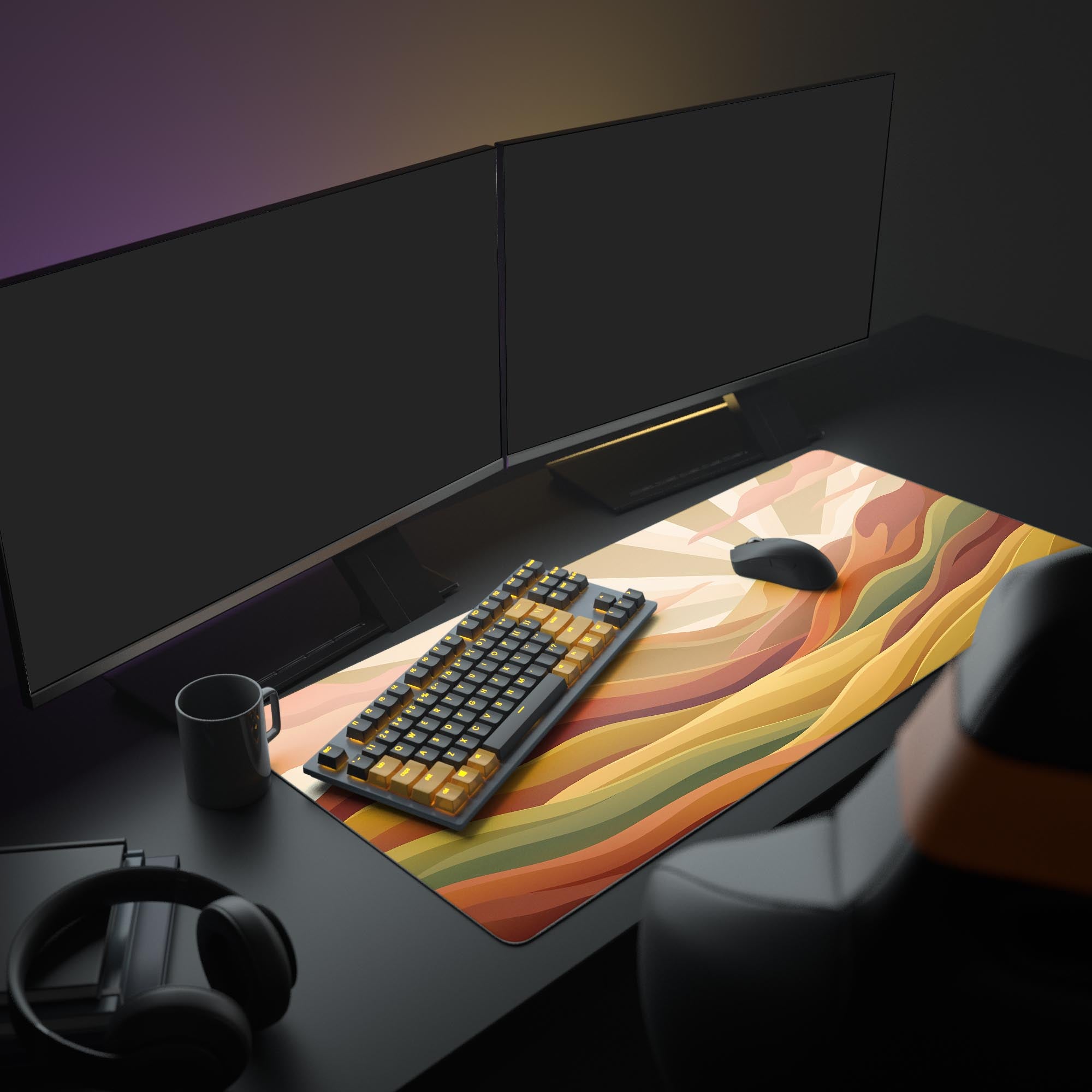 A complete minimalist desk setup featuring the Golden Horizon mouse pad, dual monitors, and a sleek white gaming keyboard and mouse. - Epic Design Pads & Mousepads