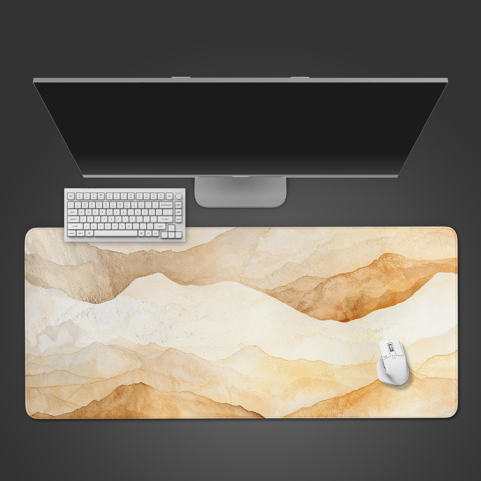 Golden Horizons watercolor desk mat with an abstract mountain landscape. Top-down desktop view with a white keyboard and mouse, showing its large size. - Epic Design Pads & Mousepads