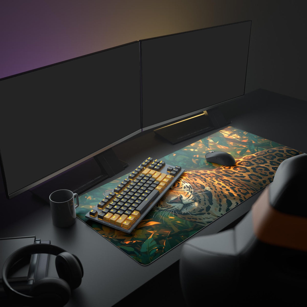 Large Golden Jungle jaguar desk mat featured in a full desk setup with dual monitors, headphones, and plants. - Epic Design Pads & Mousepads