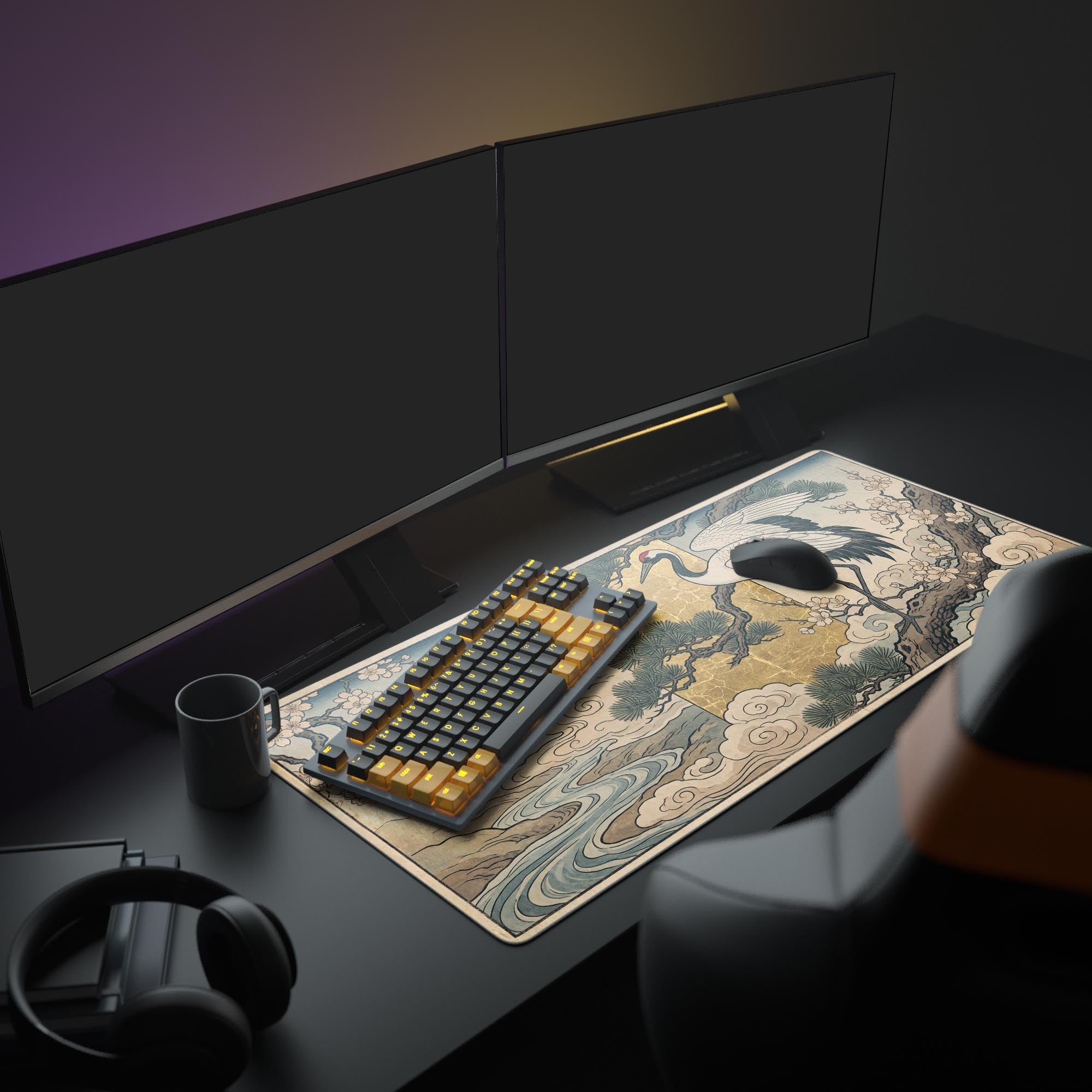Golden Longevity Crane – Japanese Art Desk Mat, XL Mouse Pad